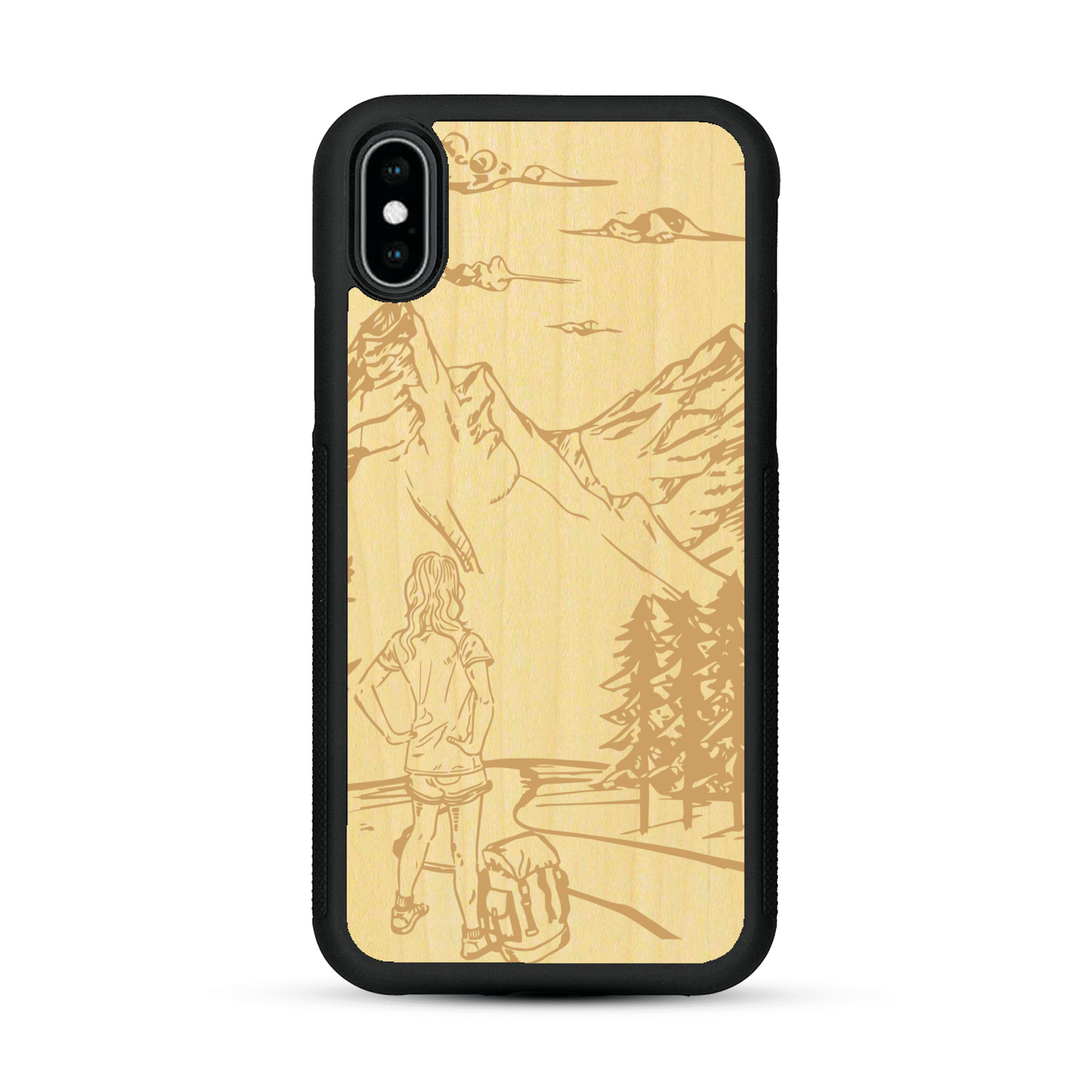 Coque de protection en bois véritable fabriquée en France pour  sur le thème de la randonnée en montagne et de l'aventure avec une gravure représentant une femme de dos face à un paysage de nature