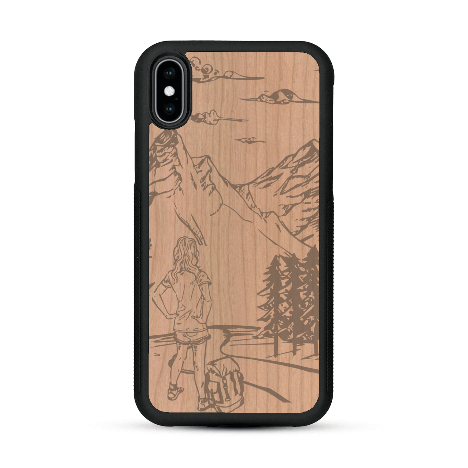 Coque de protection en bois véritable fabriquée en France pour  sur le thème de la randonnée en montagne et de l'aventure avec une gravure représentant une femme de dos face à un paysage de nature