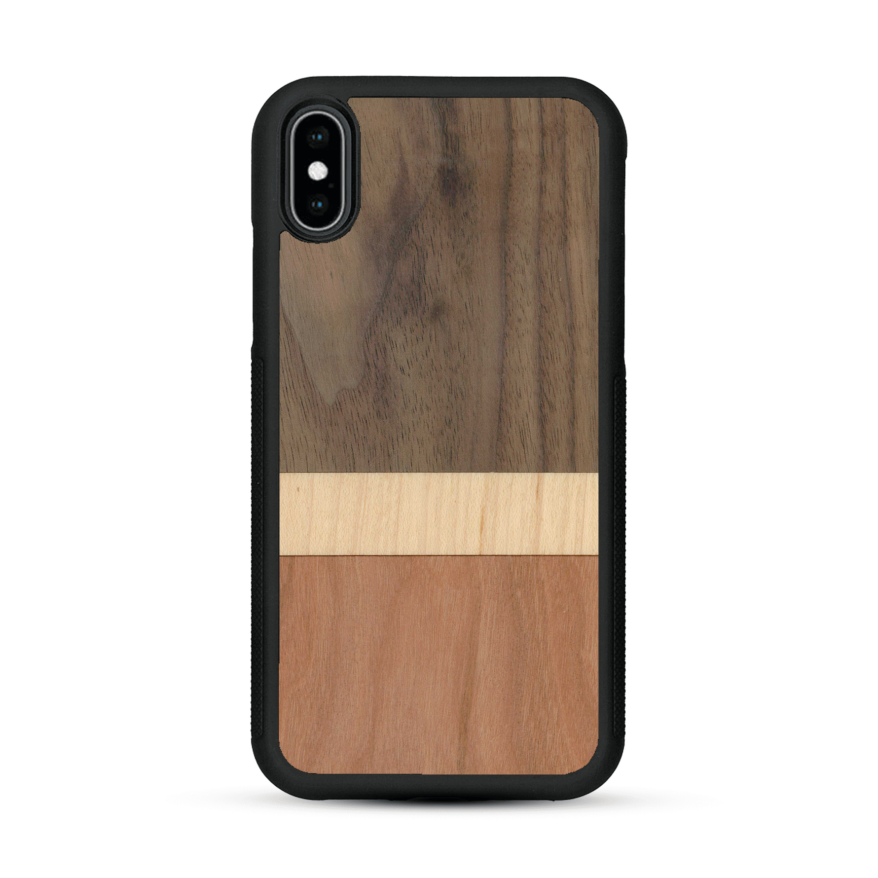 Coque de protection en bois véritable fabriquée en France pour  alliant des bandes horizontales de bambou, merisier et noyer