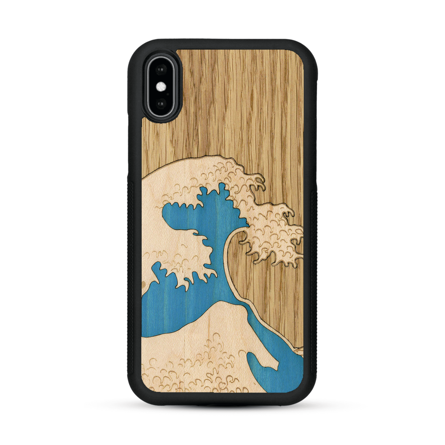 Coque de protection en bois véritable fabriquée en France pour  alliant plusieurs essences de bois pour représenter la célèbre grande vague de Kanagawa