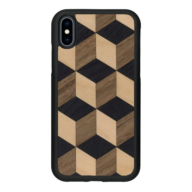 Coque de protection en bois véritable fabriquée en France pour iPhone XS Max alliant plusieurs essences de bois pour représenter un classique intemporel de la marqueterie