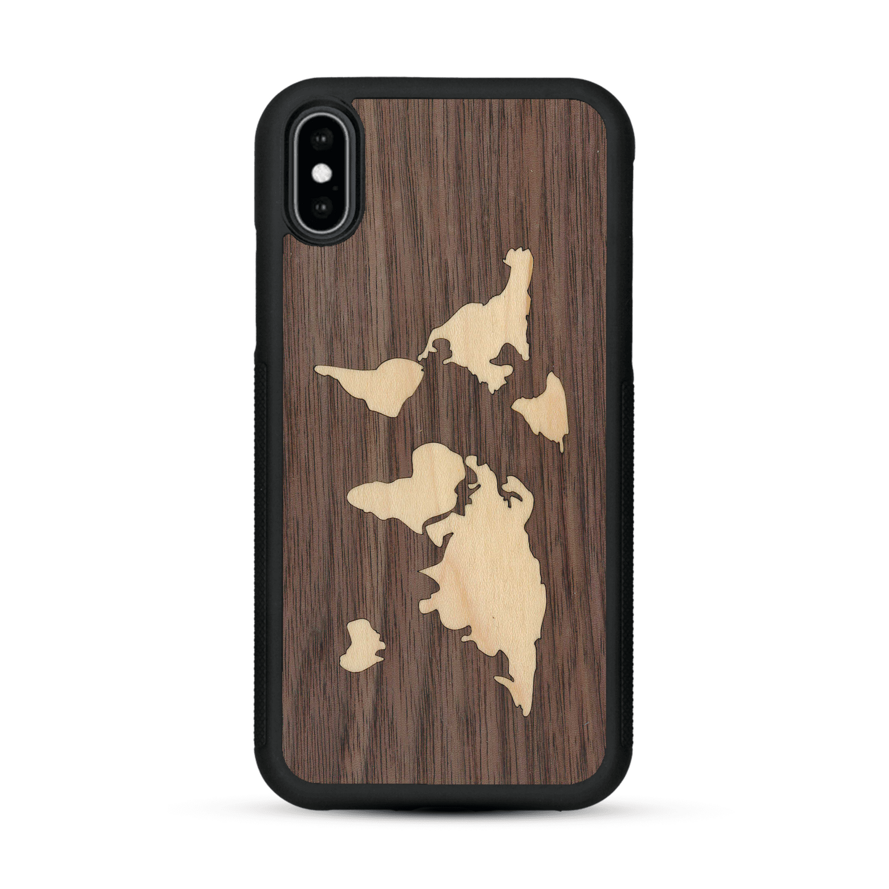 Coque de protection en bois véritable fabriquée en France pour  alliant du bambou et du noyer sur le thème du voyage et de l'aventure représentant une mappemonde