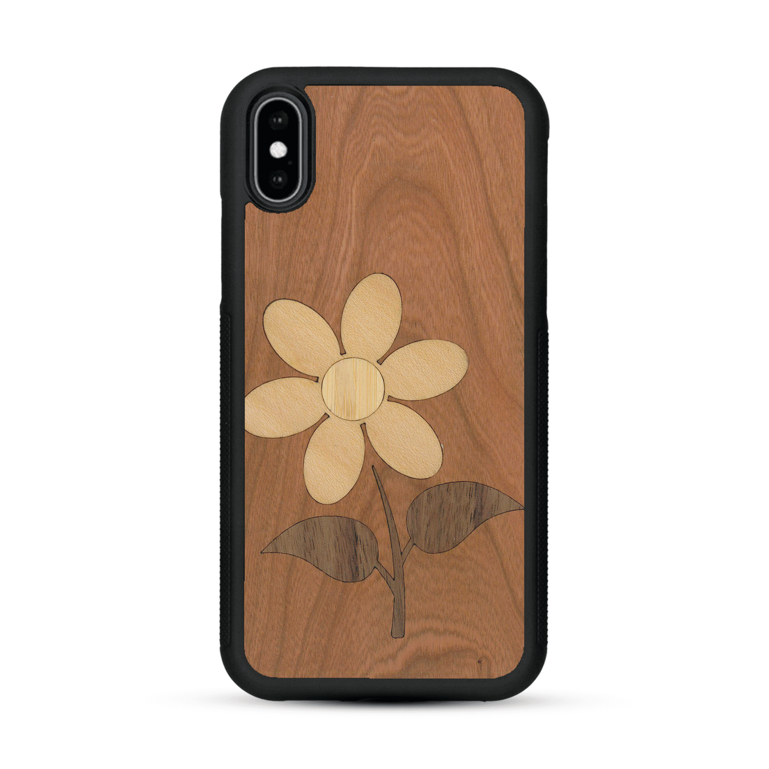 Coque de protection en bois véritable fabriquée en France pour  alliant plusieurs essences de bois pour représenter une marguerite