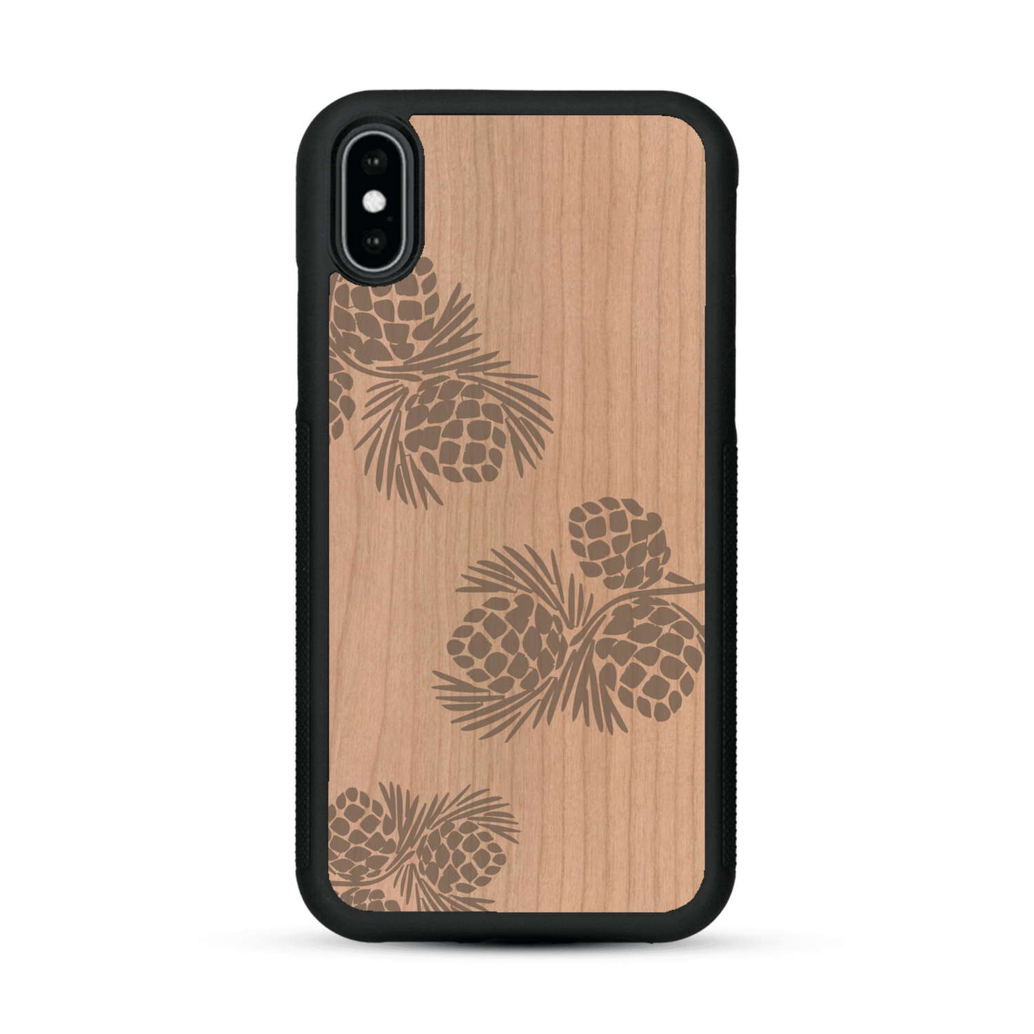 Coque de protection en bois véritable fabriquée en France pour  sur le thème de la nature des arbres avec un motif de gravure représentant des épines de sapin et des pommes de pin