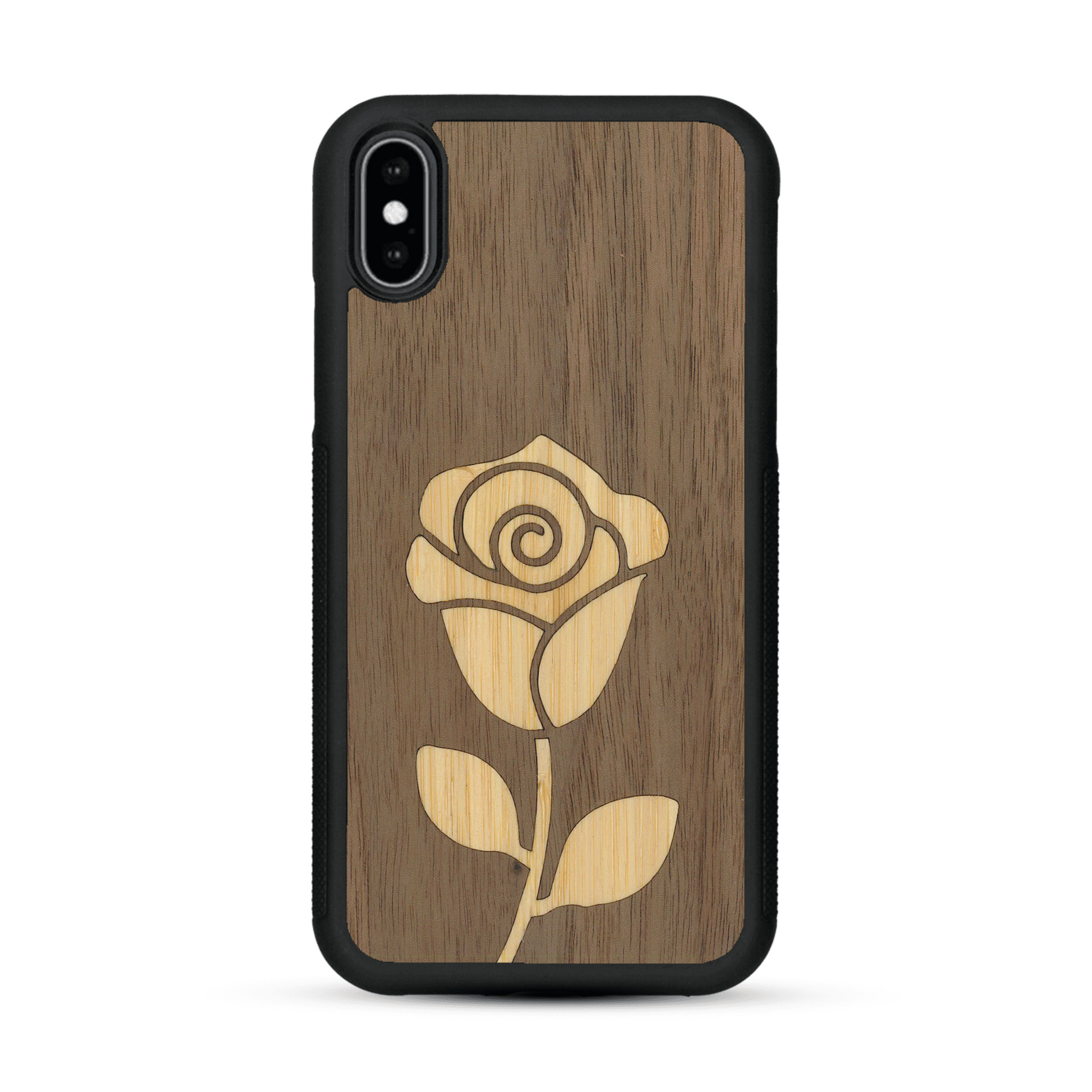 Coque de protection en bois véritable fabriquée en France pour  alliant plusieurs essences de bois pour représenter une rose
