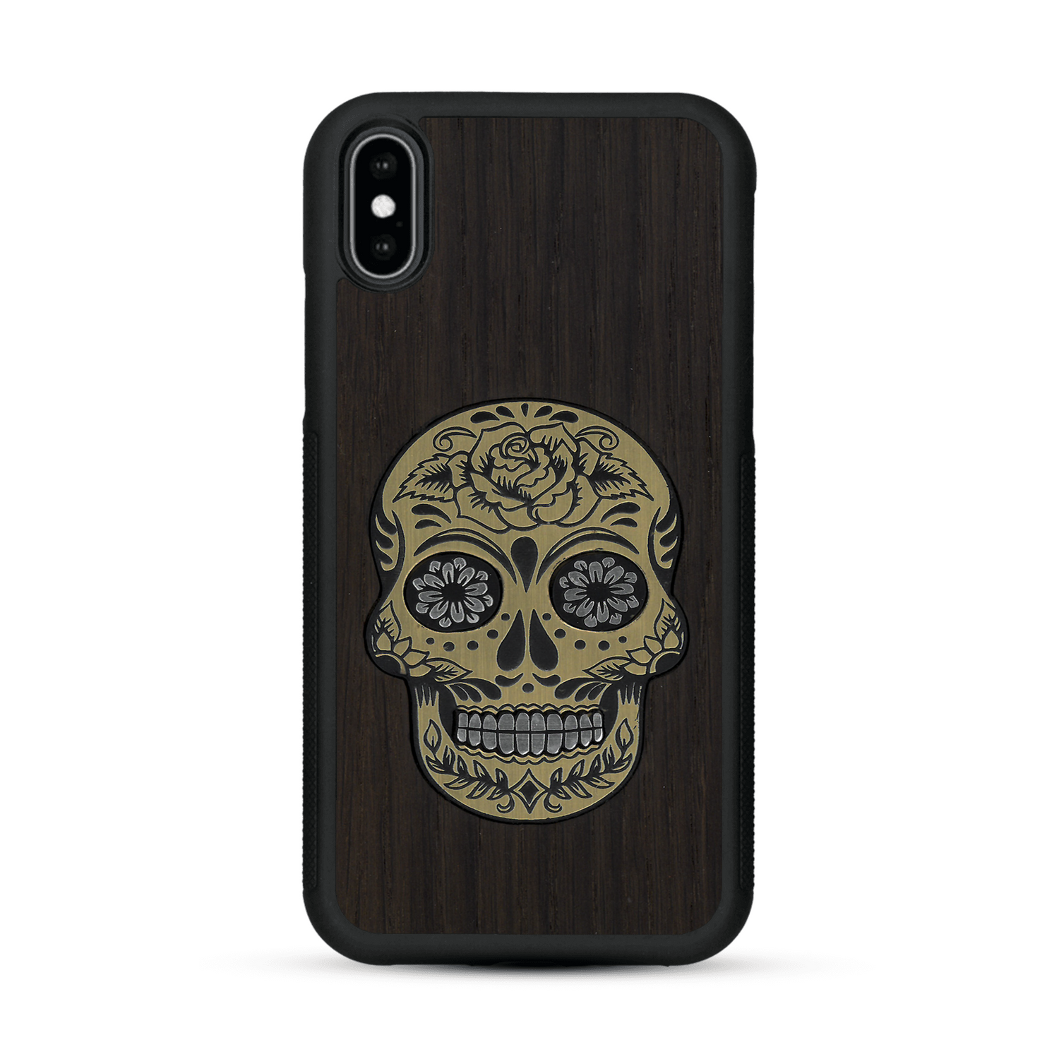 Coque de protection en bois véritable fabriquée en France pour  alliant du chêne fumé avec du métal argenté et doré représentant une tête de mort mexicaine sur le thème Dia de los Muertos