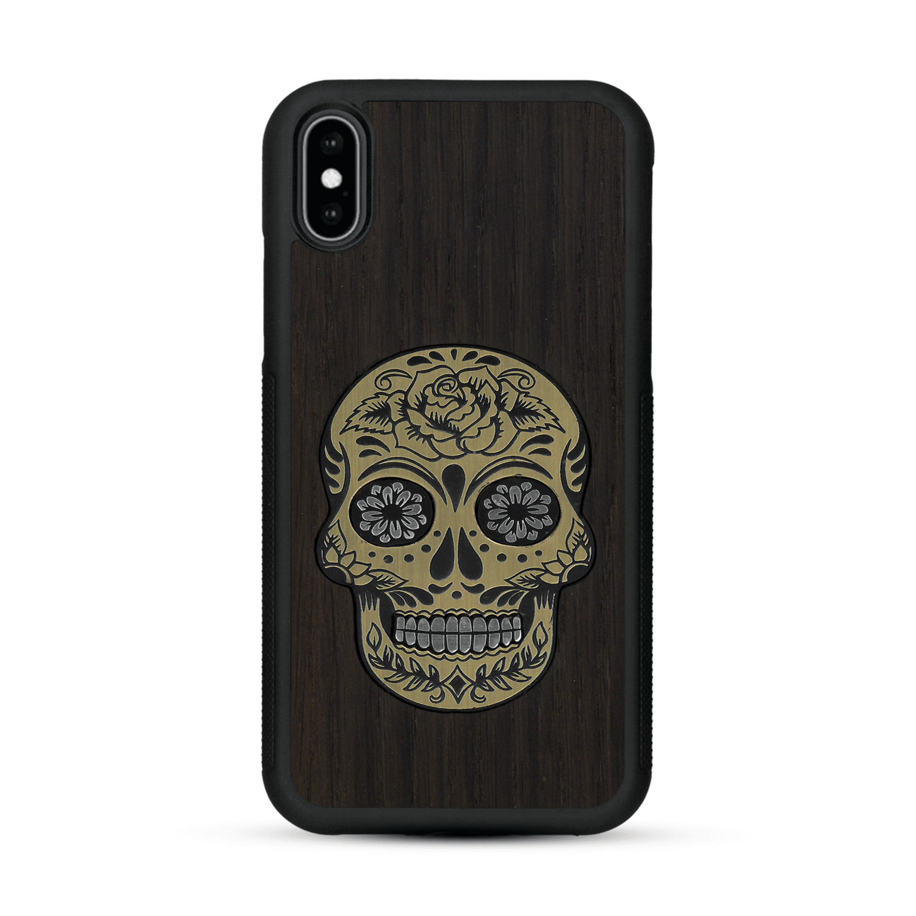 Coque de protection en bois véritable fabriquée en France pour  alliant du chêne fumé avec du métal argenté et doré représentant une tête de mort mexicaine sur le thème Dia de los Muertos