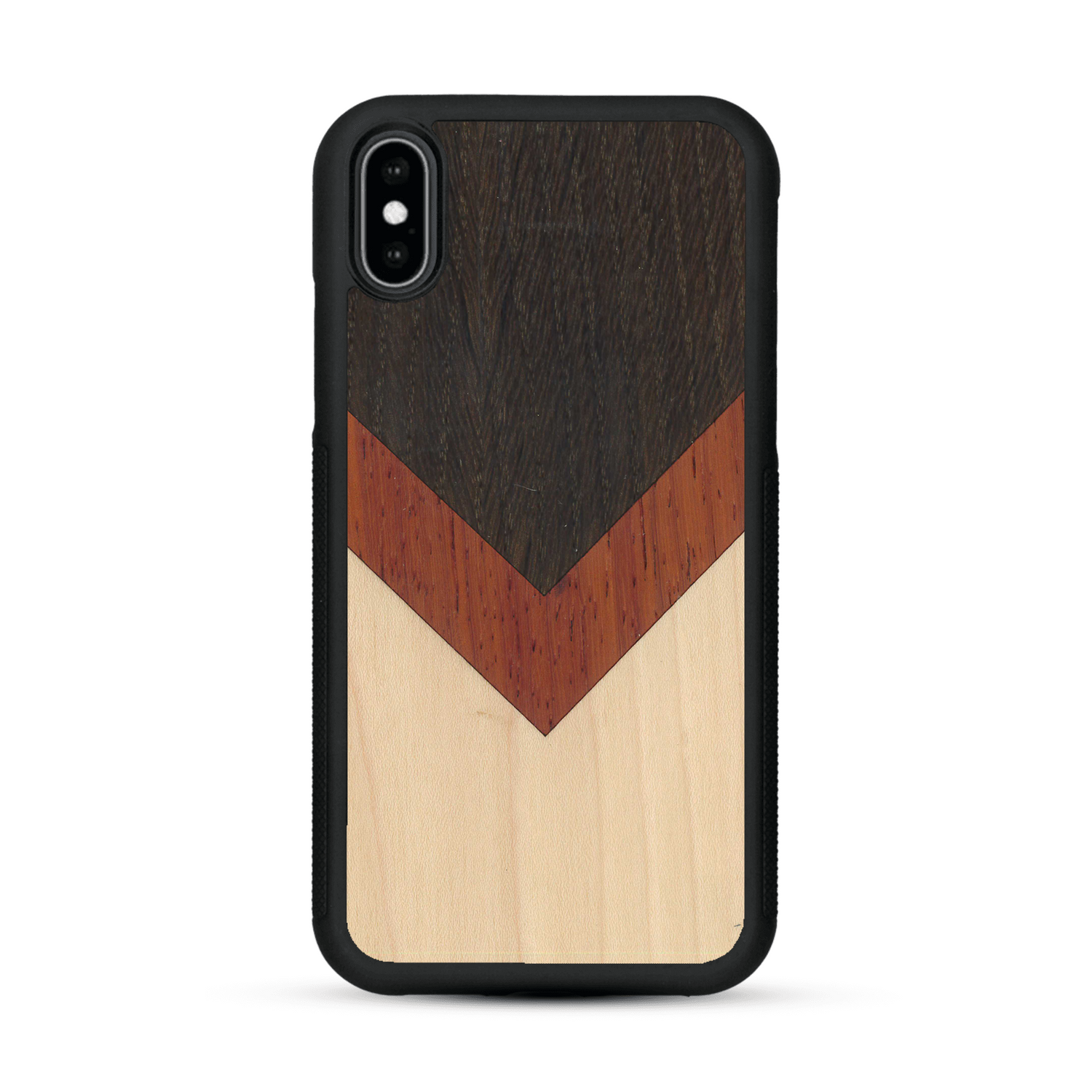 Coque de protection en bois véritable fabriquée en France pour  alliant du chêne fumé, du padouk et du bambou en forme de chevron sur le thème de l'art abstrait
