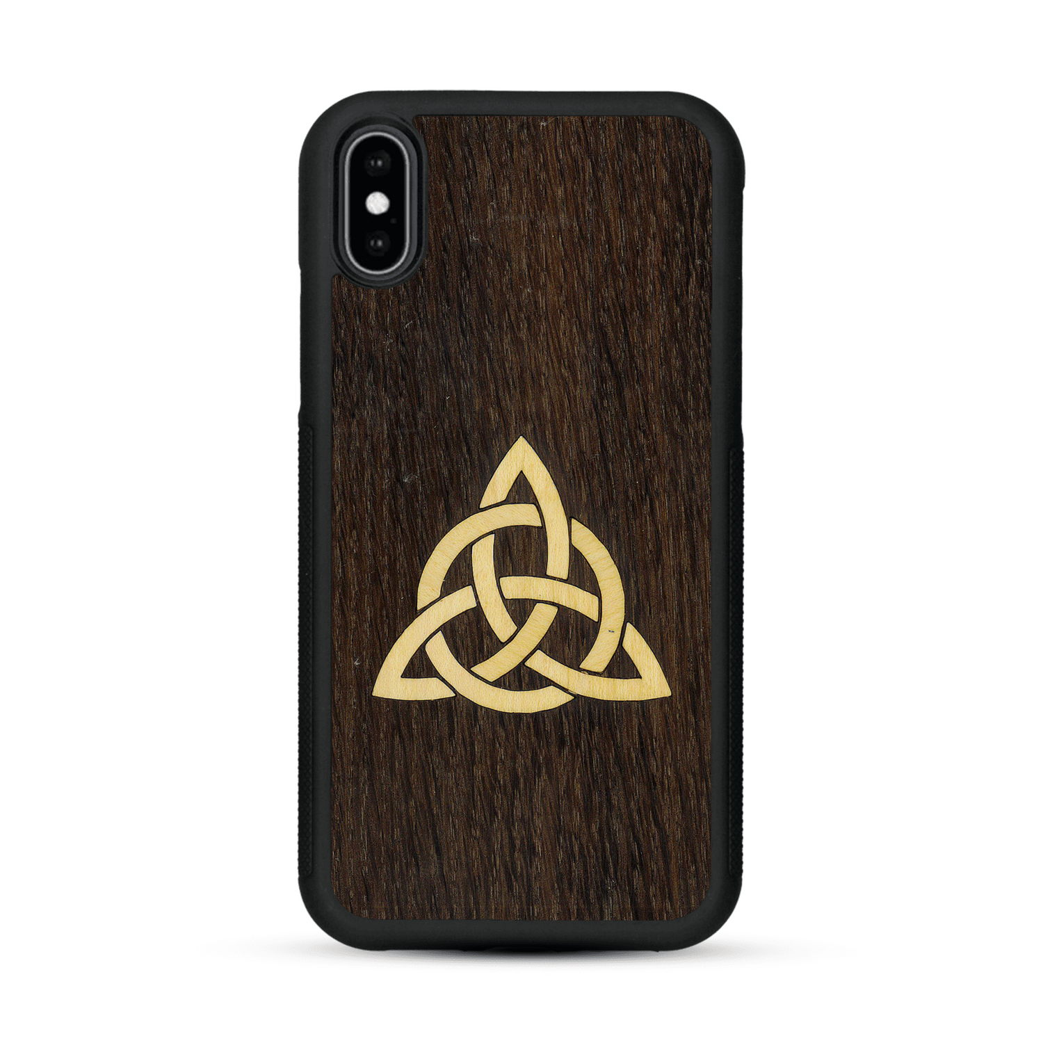 Coque de protection en bois véritable fabriquée en France pour  alliant du chêne fumé et du bambou représentant une triquetra