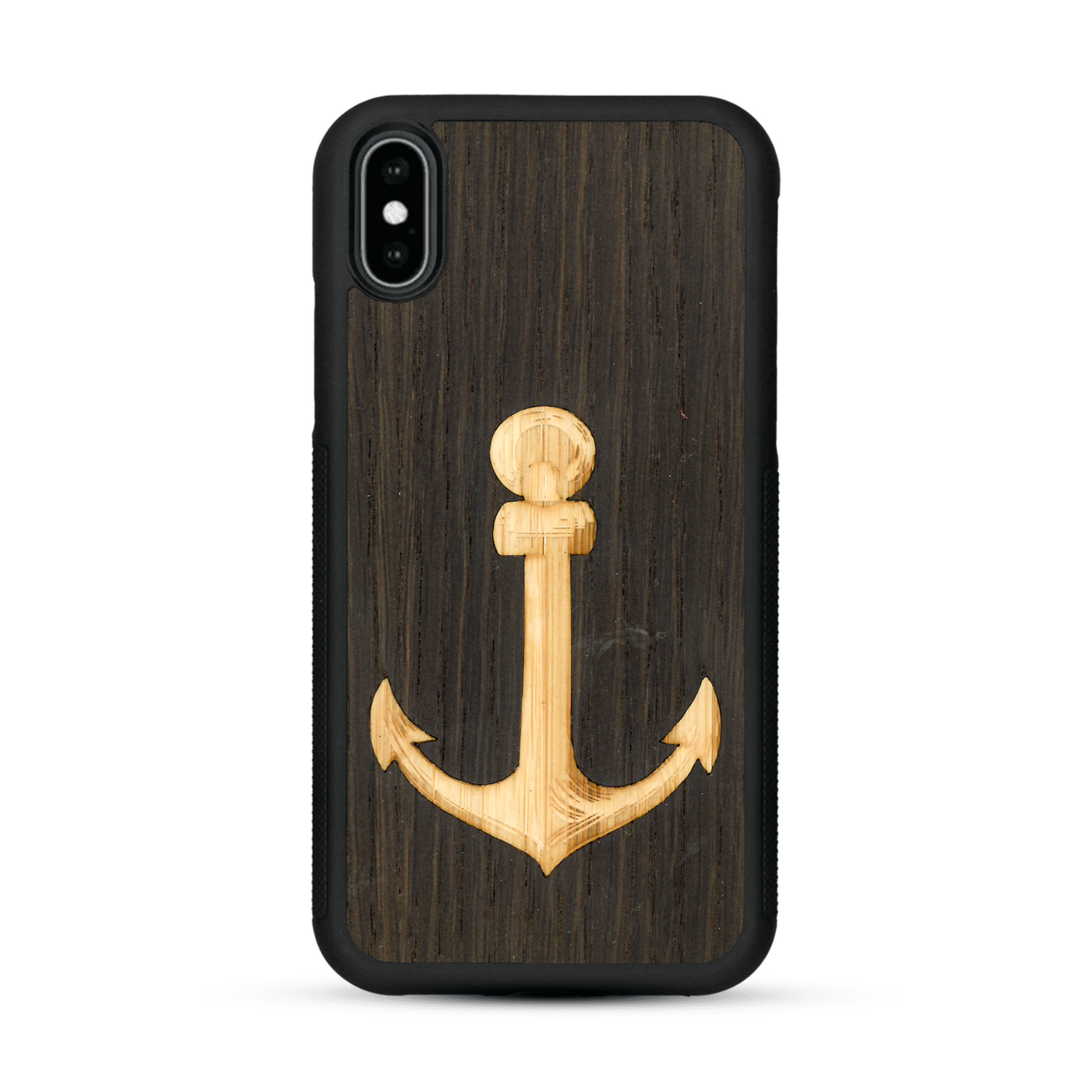 Coque de protection en bois véritable fabriquée en France pour  sur le thème nautique avec un bois clair et un bois foncé représentant une ancre de bateau