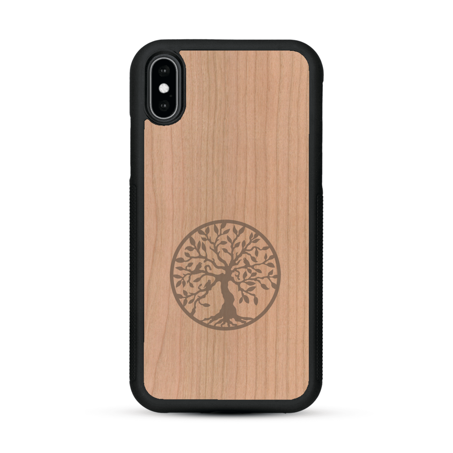 Coque de protection en bois véritable fabriquée en France pour  sur le thème de la spiritualité et du yoga avec une gravure zen représentant un arbre de vie