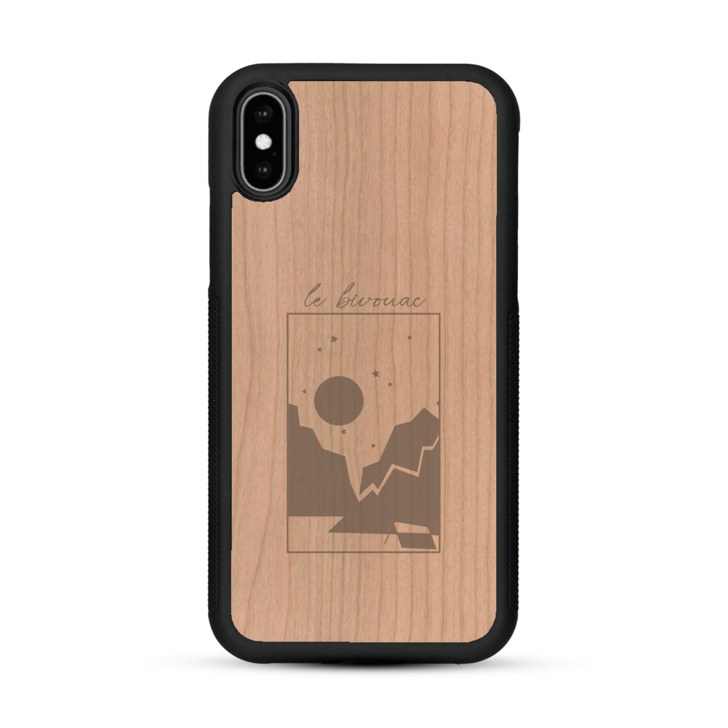 Coque de protection en bois véritable fabriquée en France pour  sur le thème du camping en pleine nature et du bivouac avec la phrase "Aventure is out there"