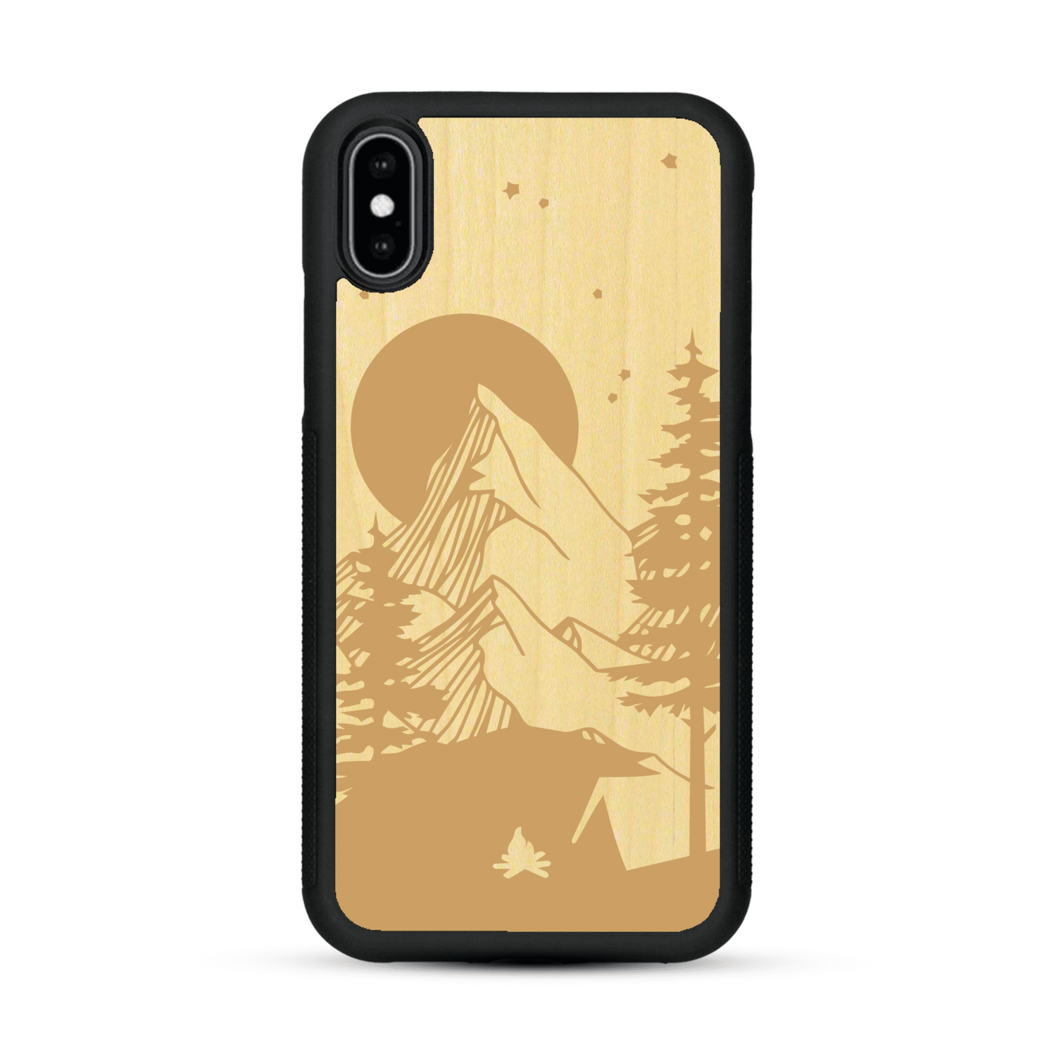Coque de protection en bois véritable fabriquée en France pour  sur le thème du camping en pleine nature représentant une tente avec un feu de camp entouré de montagnes