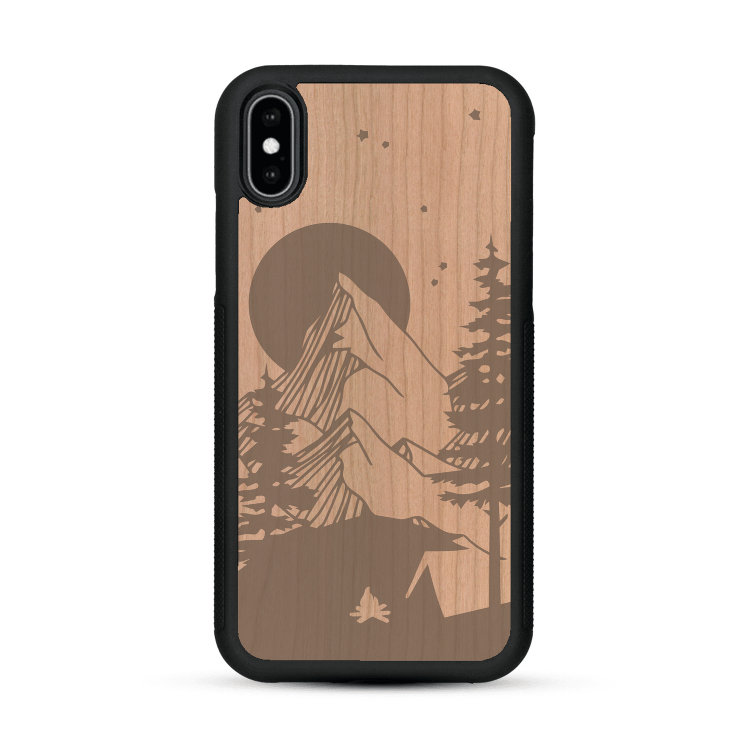 Coque de protection en bois véritable fabriquée en France pour  sur le thème du camping en pleine nature représentant une tente avec un feu de camp entouré de montagnes