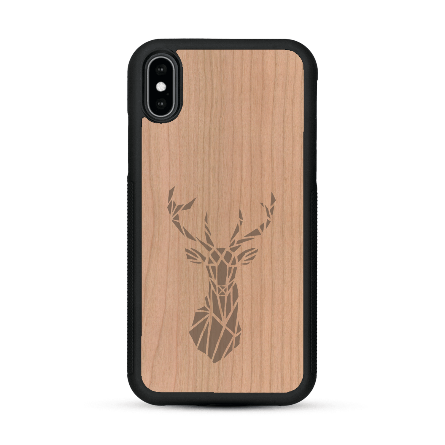 Coque de protection en bois véritable fabriquée en France pour  sur le thème de la nature et des animaux représentant une tête de cerf gométrique avec un design moderne et minimaliste