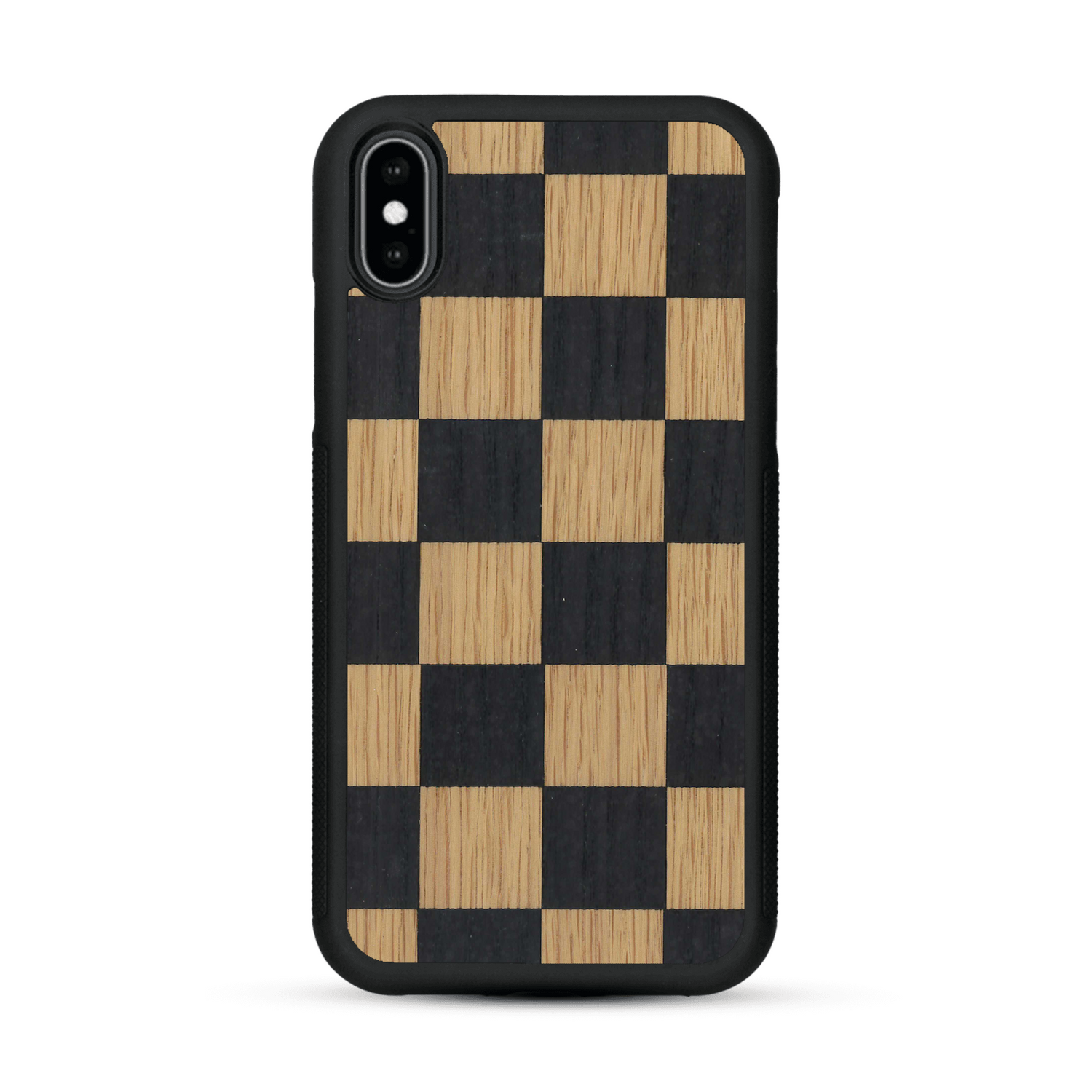 Coque de protection en bois véritable fabriquée en France pour  alliant plusieurs essences de bois pour représenter un damier