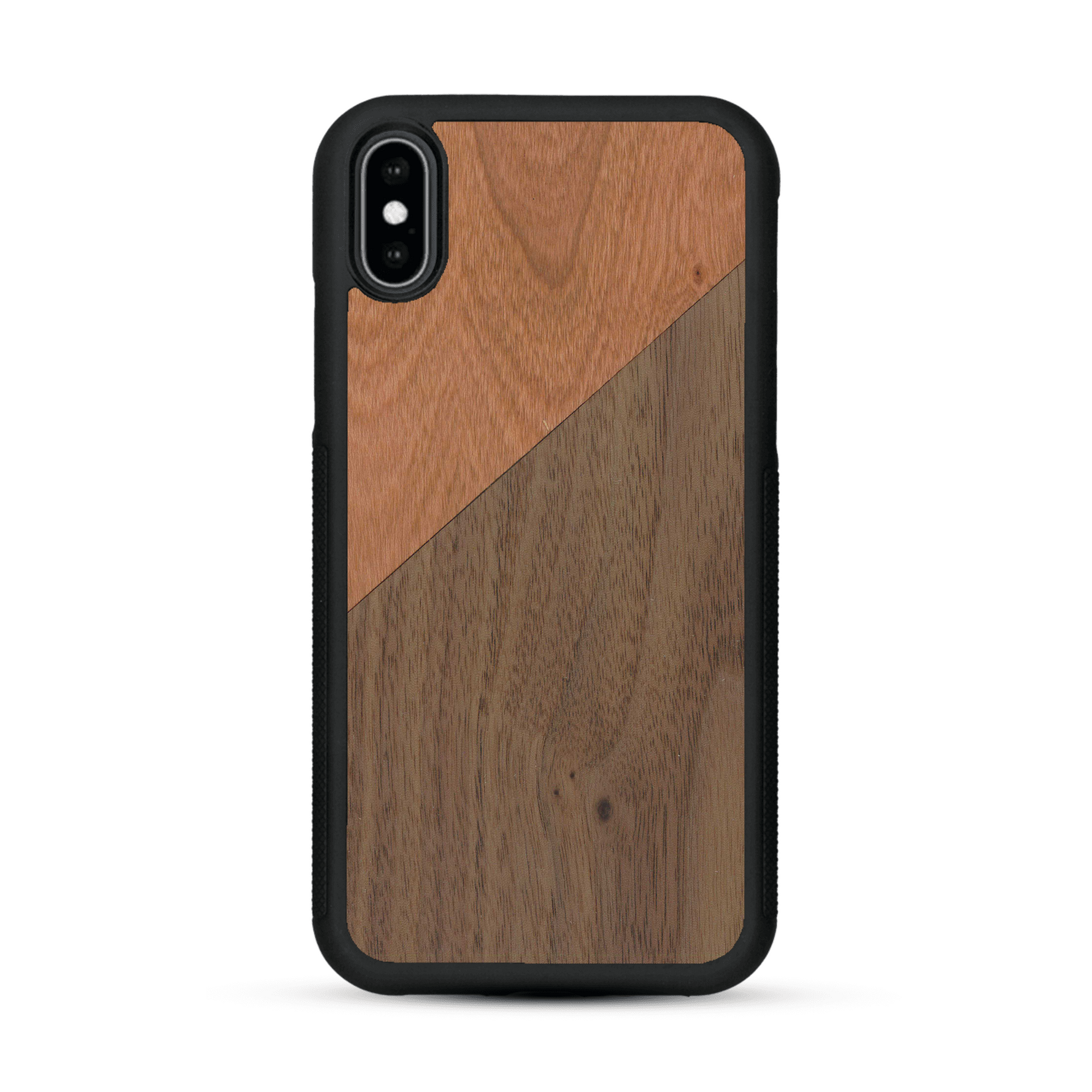 Coque de protection en bois véritable fabriquée en France pour  alliant du merisier et du noyer formant chacun un triangle avec une jointure en diagonale sur le thème de l'art abstrait