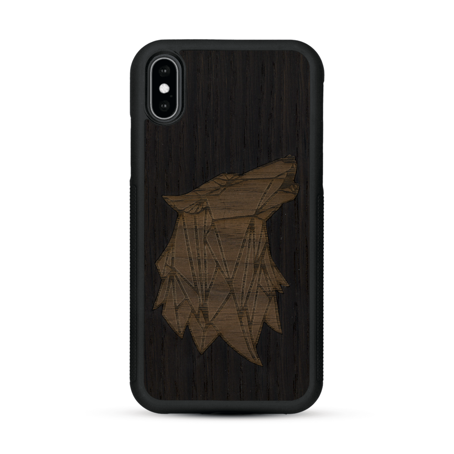 Coque de protection en bois véritable fabriquée en France pour  alliant du chêne fumé et du noyer représentant une tête de loup géométrique de profil sur le thème des animaux et de la nature