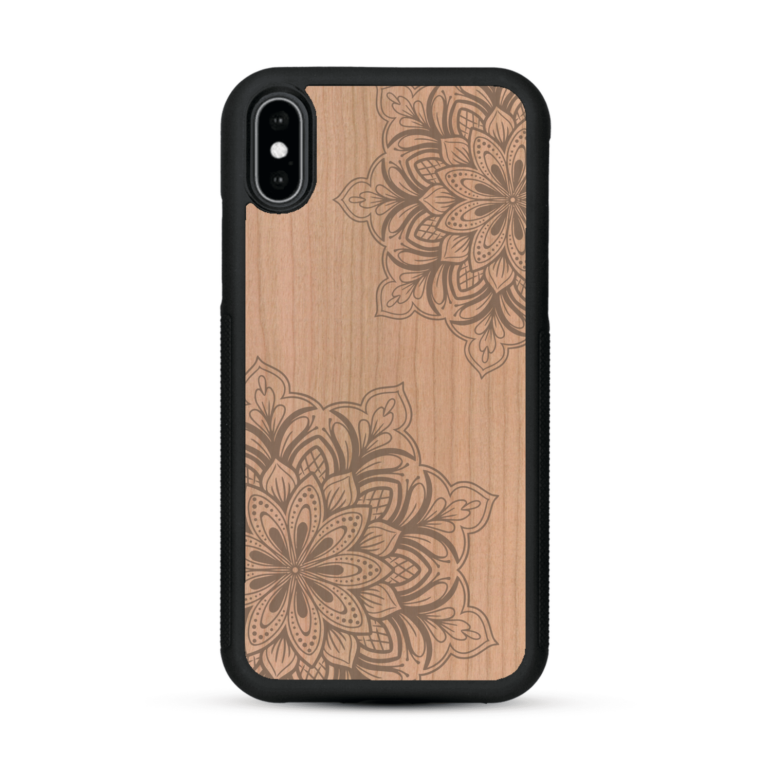 Coque de protection en bois véritable fabriquée en France pour  sur le thème de la bohème et du tatouage au henné avec une gravure représentant un mandala
