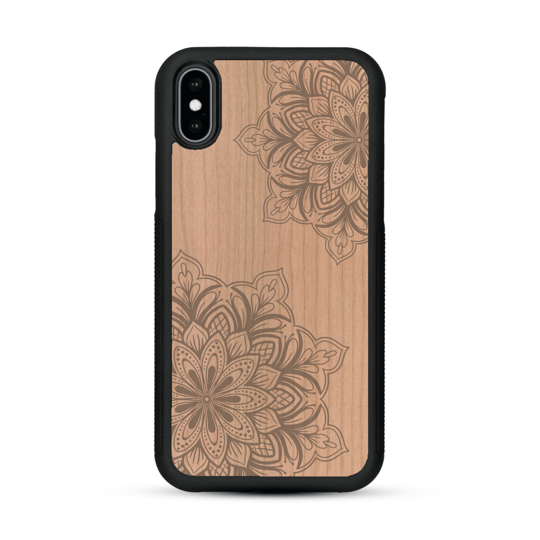 Coque de protection en bois véritable fabriquée en France pour  sur le thème de la bohème et du tatouage au henné avec une gravure représentant un mandala