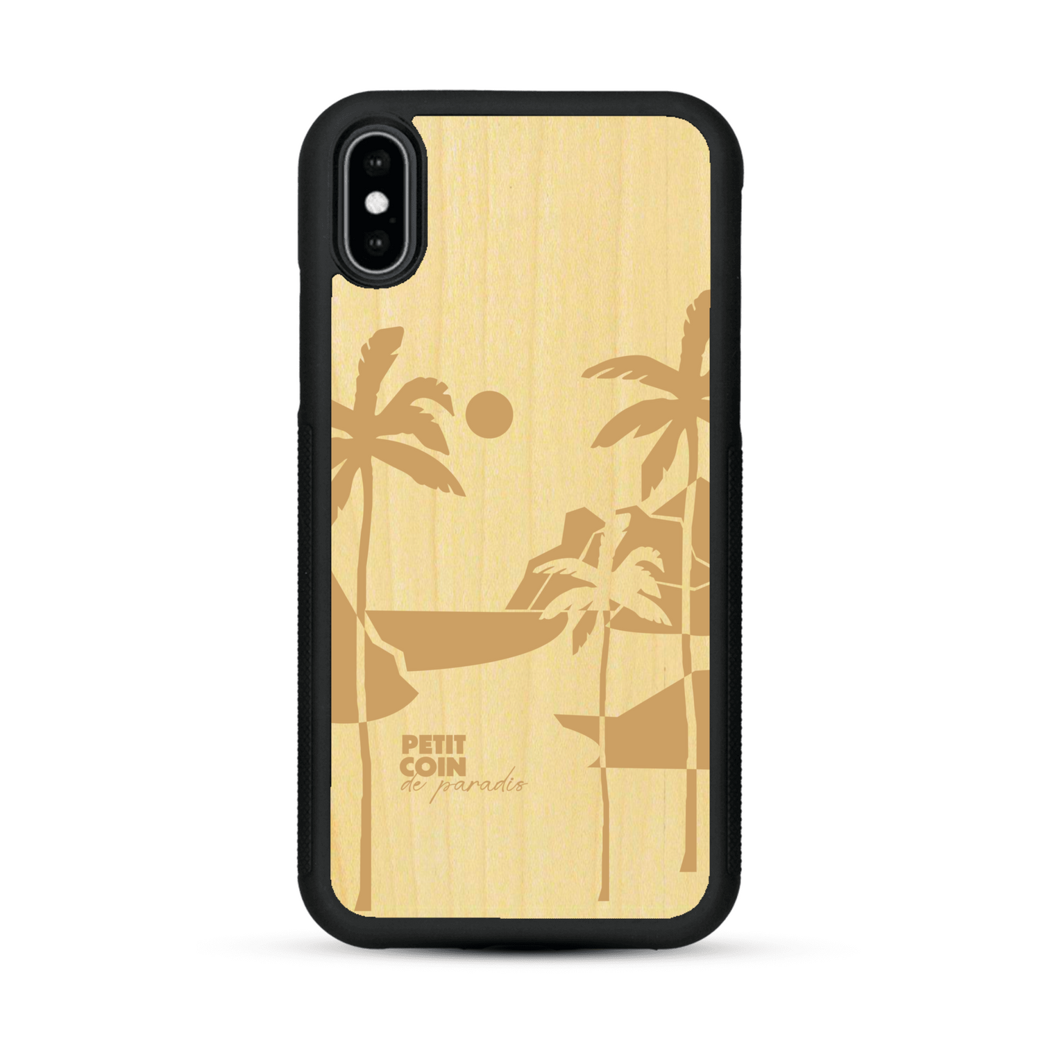 Coque de protection en bois véritable fabriquée en France pour  sur le thème des voyages en vans, vanlife et chill avec une gravure représentant un van vw combi devant le soleil couchant sur une plage avec des vagues
