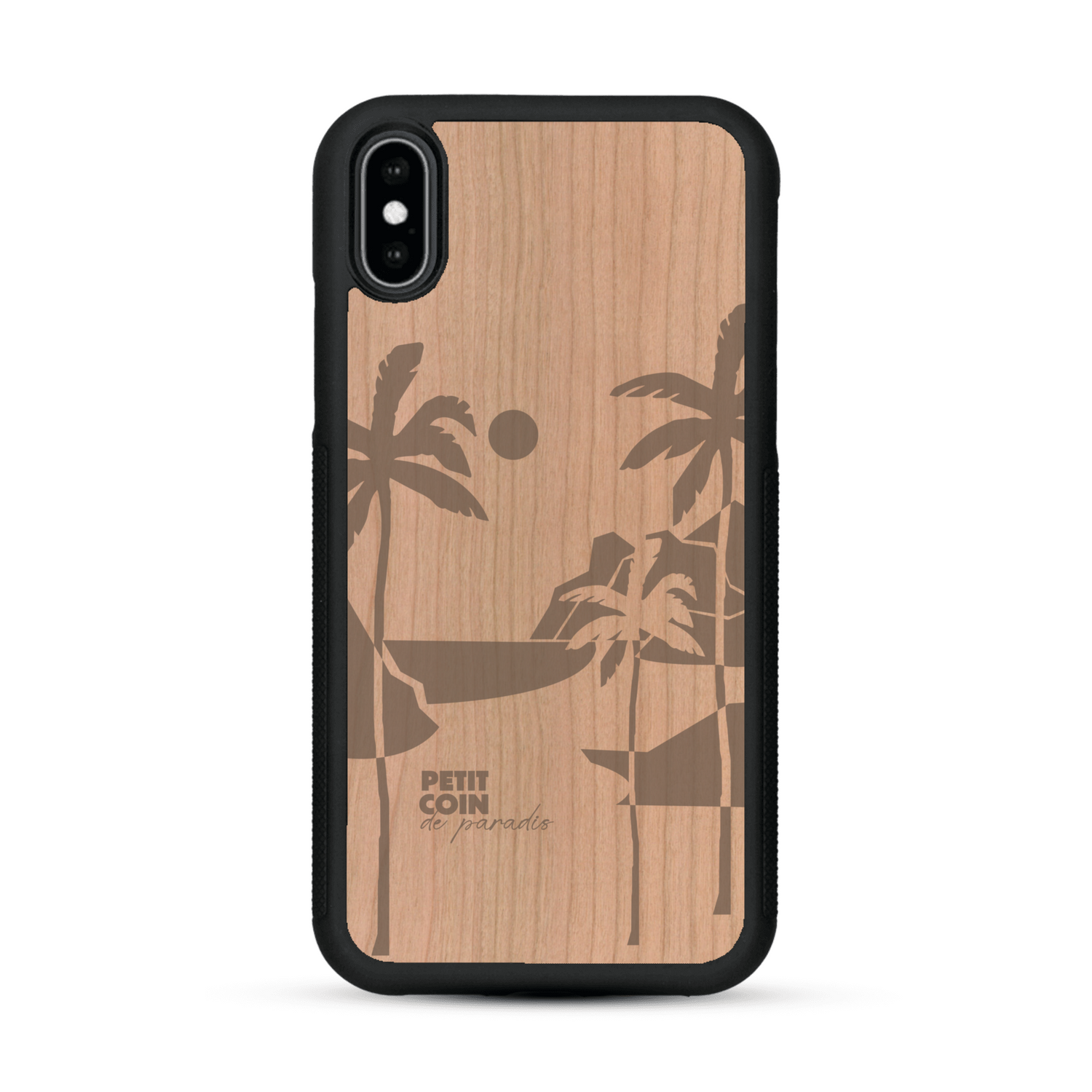 Coque de protection en bois véritable fabriquée en France pour  sur le thème des voyages en vans, vanlife et chill avec une gravure représentant un van vw combi devant le soleil couchant sur une plage avec des vagues