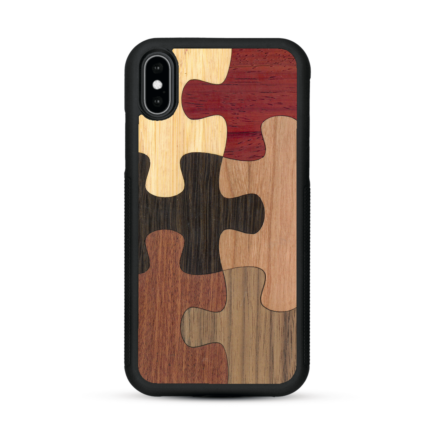 Coque de protection en bois véritable fabriquée en France pour  représentant un puzzle en six pièces qui allie du chêne fumé, du noyer, du bambou, du padouk, du merisier et de l'acajou