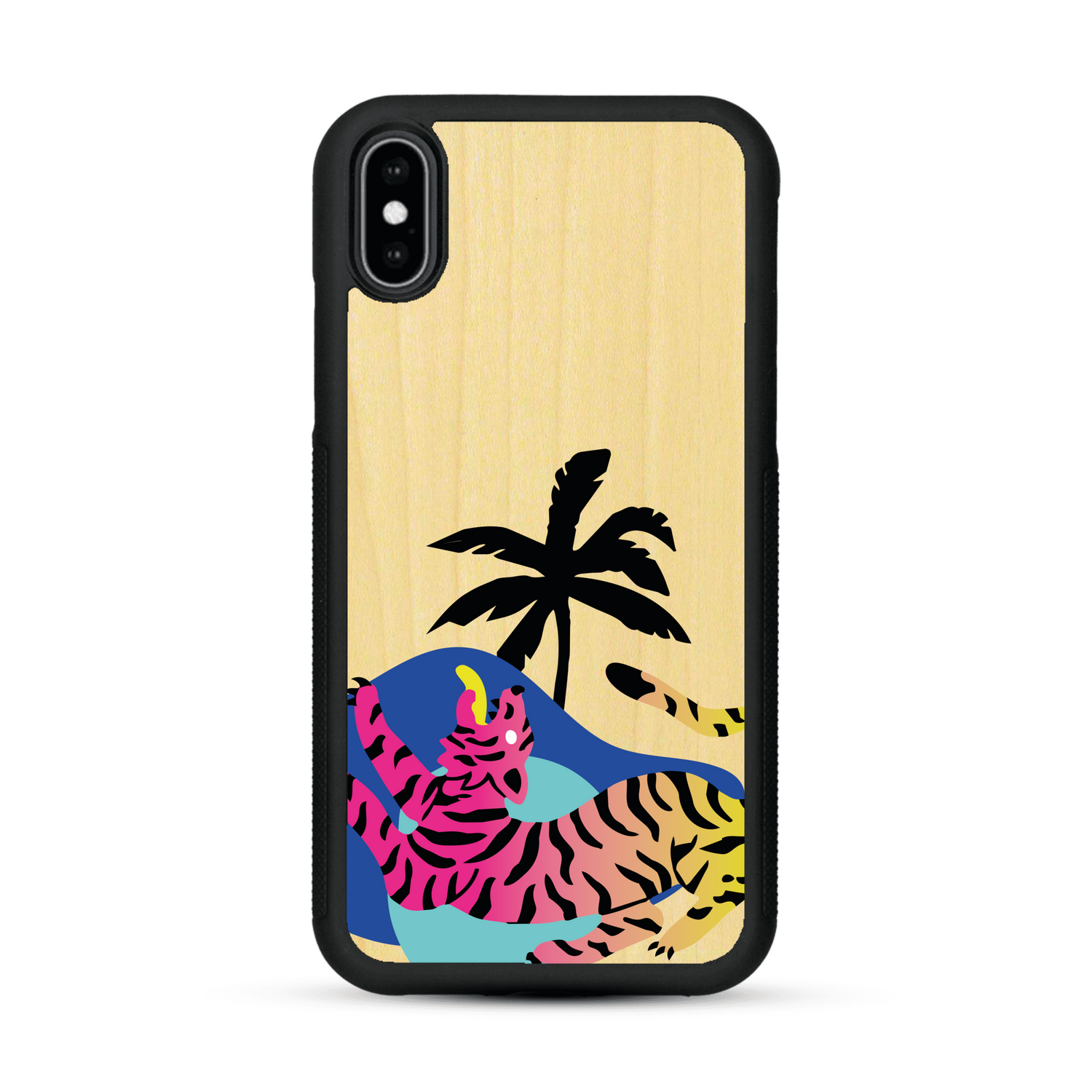 Coque de protection en bois véritable fabriquée en France pour iPhone XS Max représentant un tigre coloré avec un design moderne et minimaliste sur le thème de la jungle et de la nature
