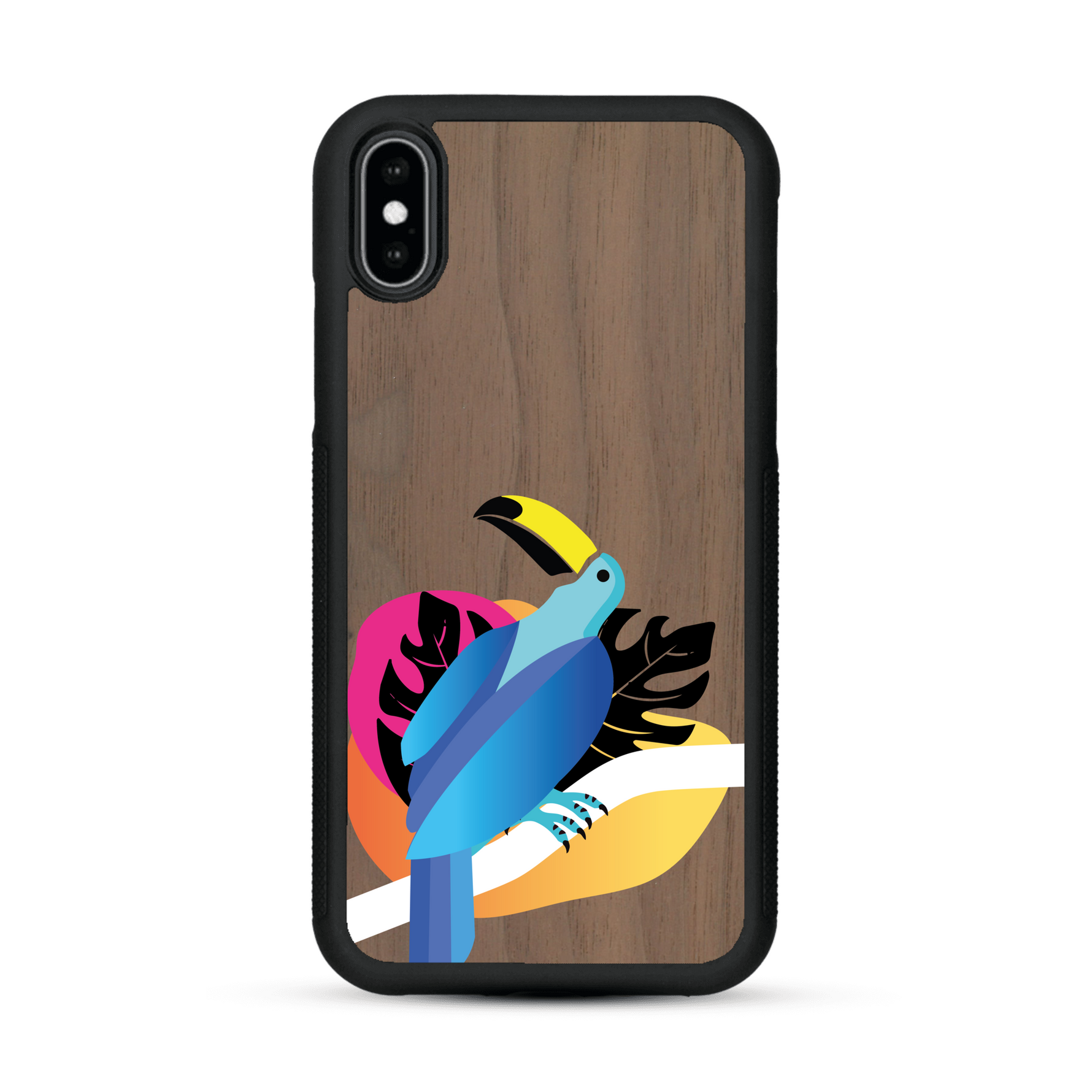 Coque de protection en bois véritable fabriquée en France pour iPhone XS Max représentant un toucan coloré avec un design moderne et minimaliste sur le thème de la jungle et de la nature