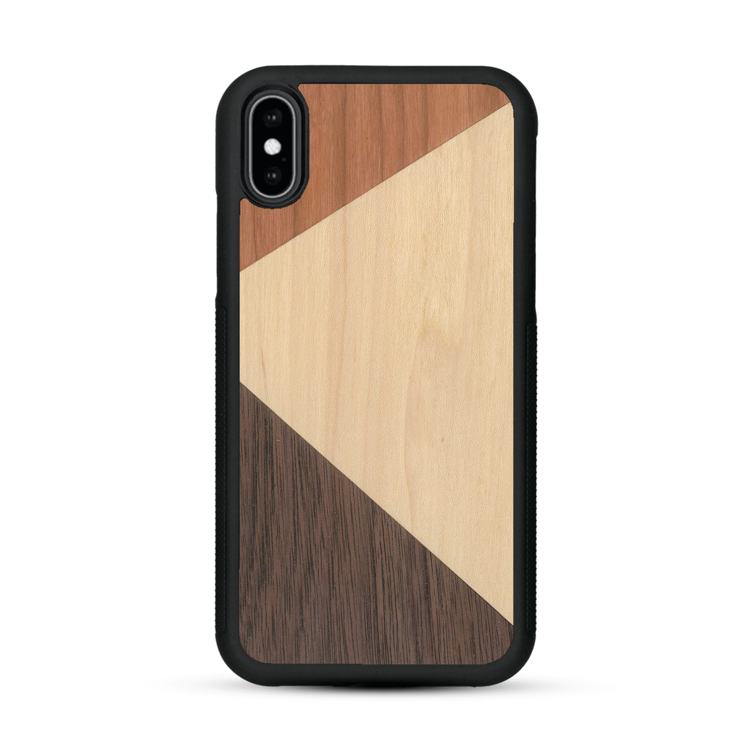 Coque de protection en bois véritable fabriquée en France pour  alliant du merisier, du noyer et du bambou formant chacun deux triangles et un trapèze avec deux jointures en diagonale sur le thème de l'art abstrait