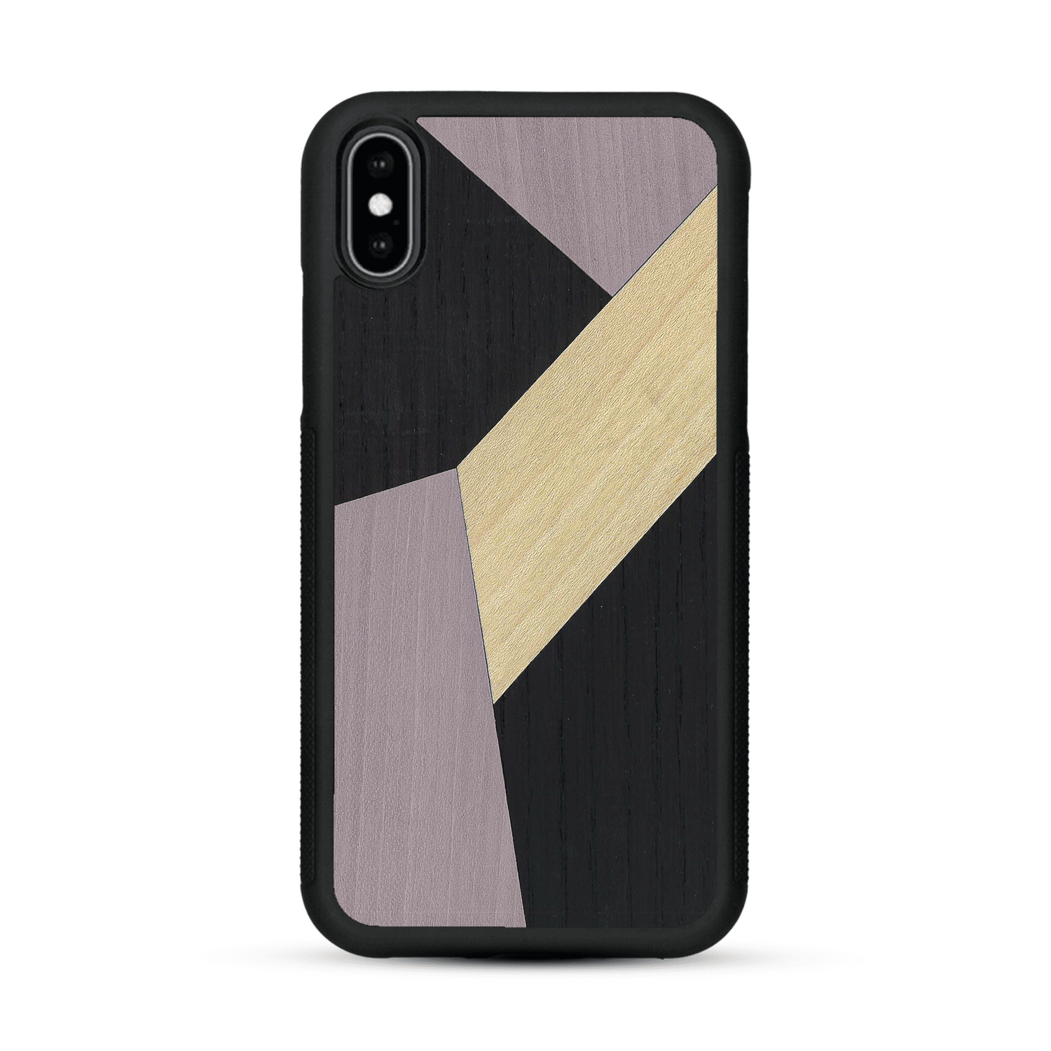 Coque de protection en bois véritable fabriquée en France pour  alliant du bambou, du tulipier mauve et noir en forme de mosaïque minimaliste sur le thème de l'art abstrait