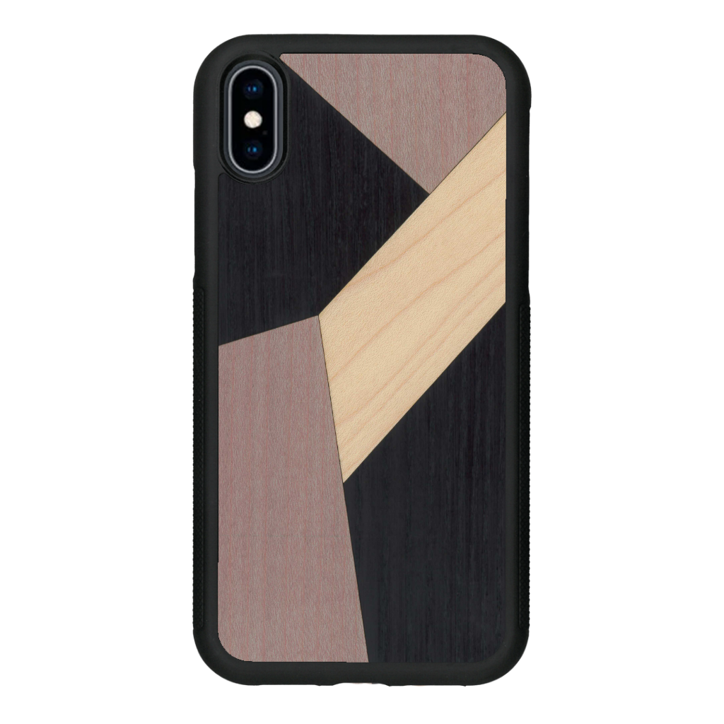 Coque de protection en bois véritable fabriquée en France pour iPhone XS Max alliant du bambou, du tulipier mauve et noir en forme de mosaïque minimaliste sur le thème de l'art abstrait