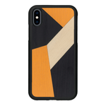 Coque de protection en bois véritable fabriquée en France pour iPhone XS Max alliant du bambou, du tulipier orange et noir en forme de mosaïque minimaliste sur le thème de l'art abstrait