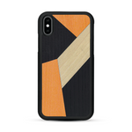 Coque de protection en bois véritable fabriquée en France pour  alliant du bambou, du tulipier orange et noir en forme de mosaïque minimaliste sur le thème de l'art abstrait