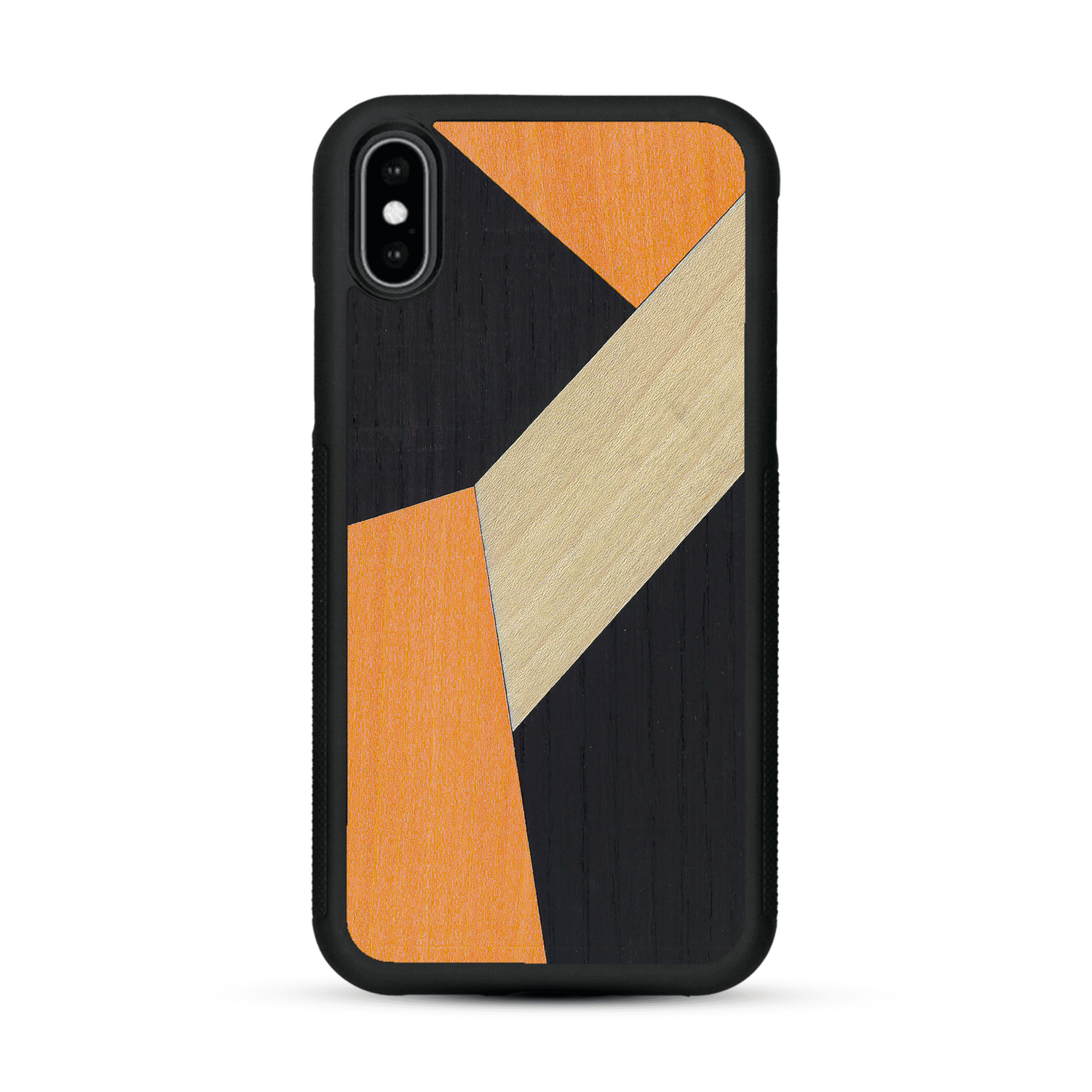 Coque de protection en bois véritable fabriquée en France pour  alliant du bambou, du tulipier orange et noir en forme de mosaïque minimaliste sur le thème de l'art abstrait