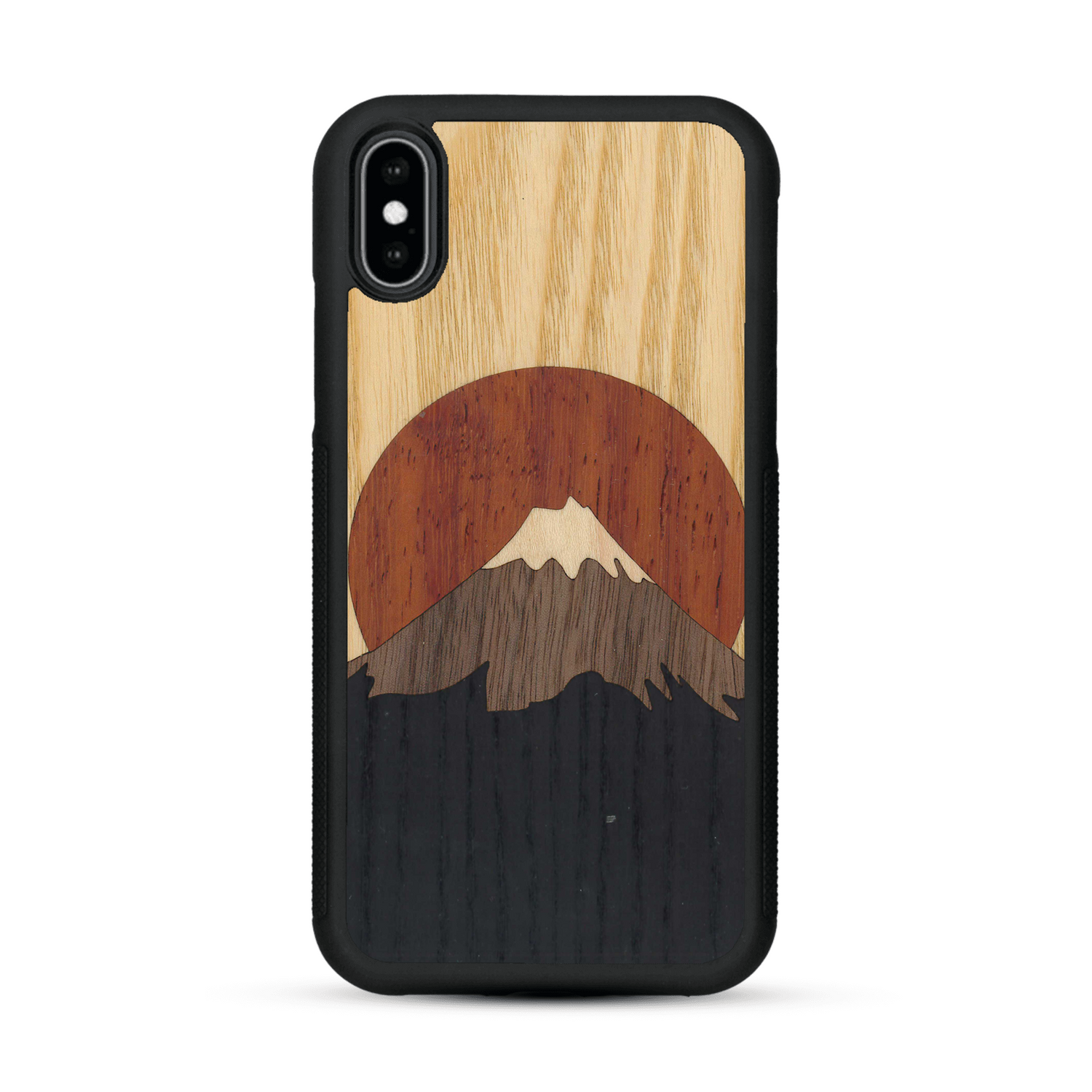Coque de protection en bois véritable fabriquée en France pour  alliant plusieurs essences de bois pour représenter le mont Fuji