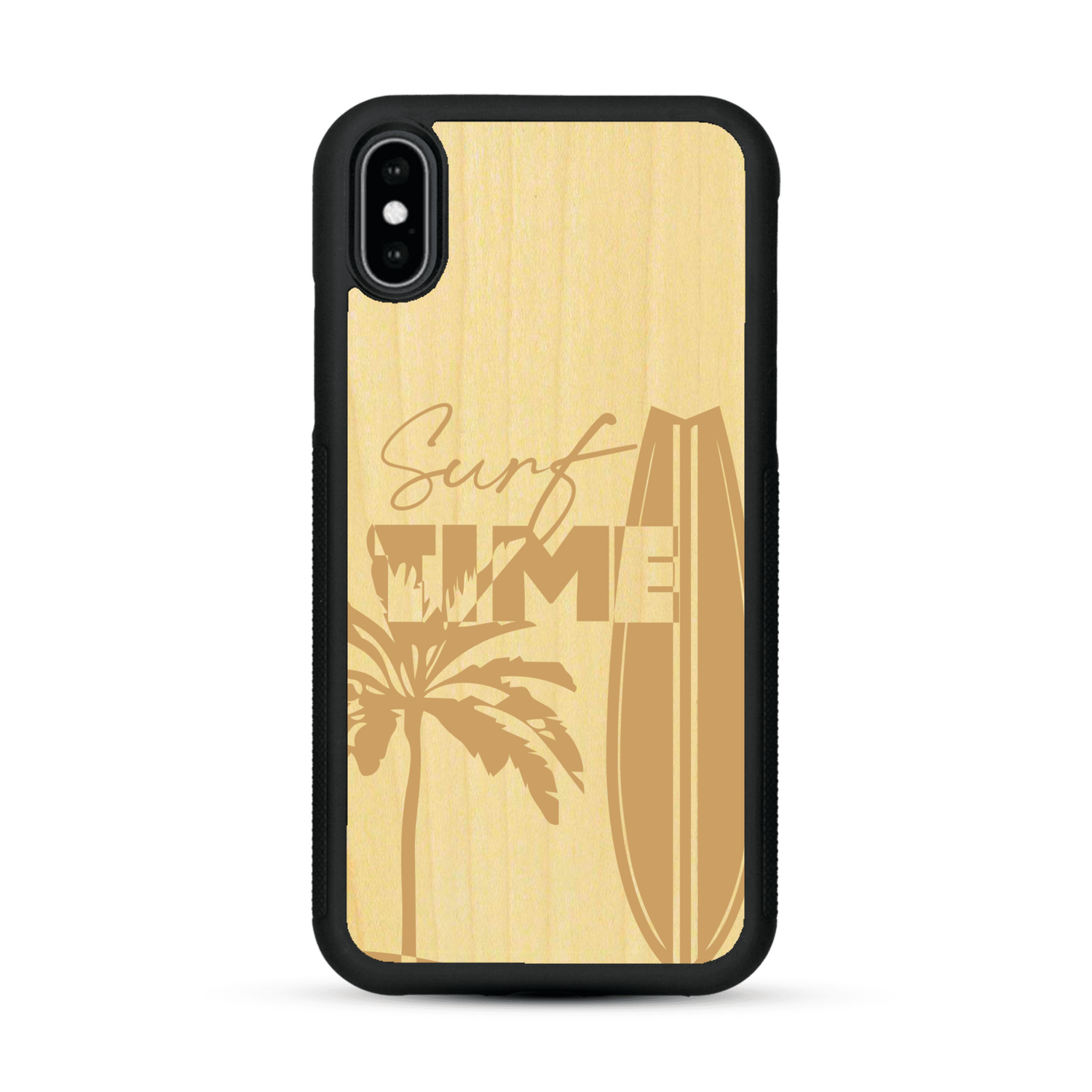 Coque de protection en bois véritable fabriquée en France pour  sur le thème chill avec un motif représentant une silouhette tenant une planche de surf sur une plage entouré de palmiers et les mots "Surf Time Long Beach Miami"