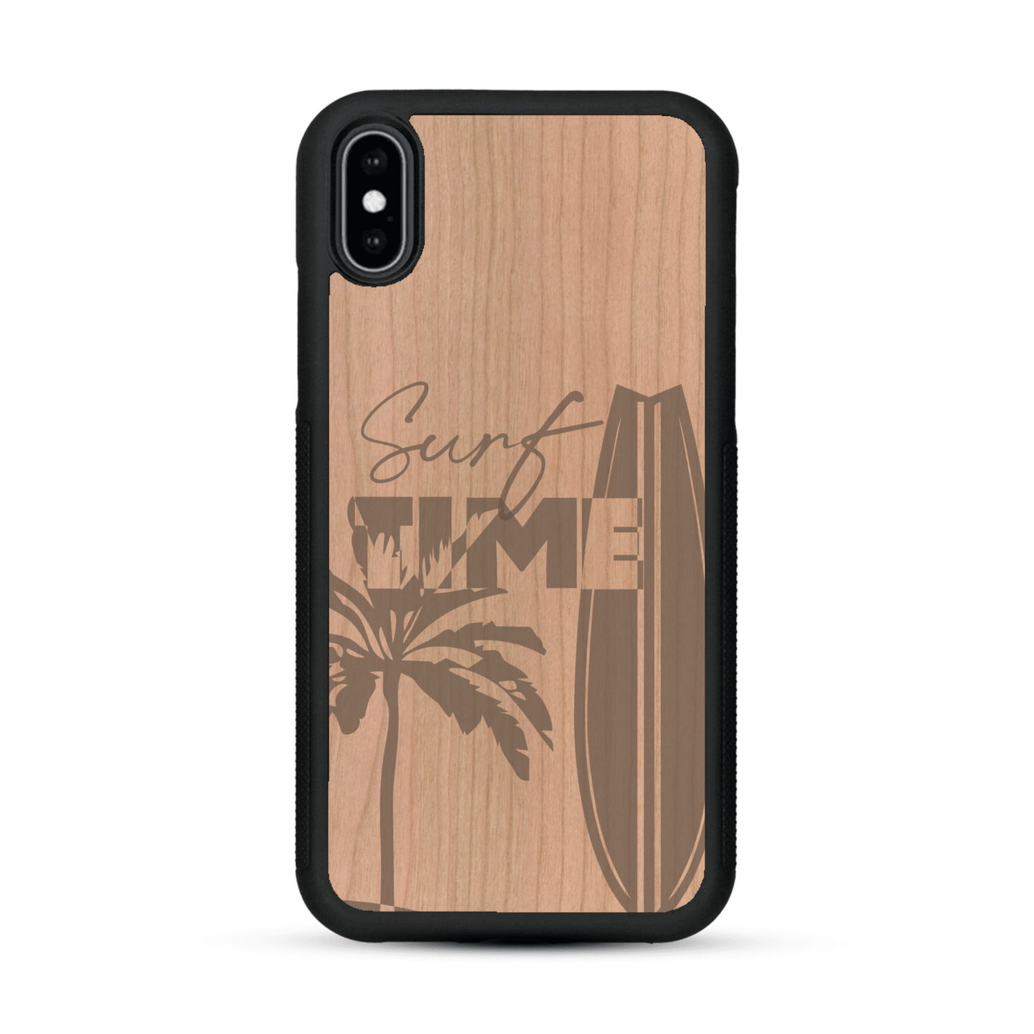Coque de protection en bois véritable fabriquée en France pour  sur le thème chill avec un motif représentant une silouhette tenant une planche de surf sur une plage entouré de palmiers et les mots "Surf Time Long Beach Miami"