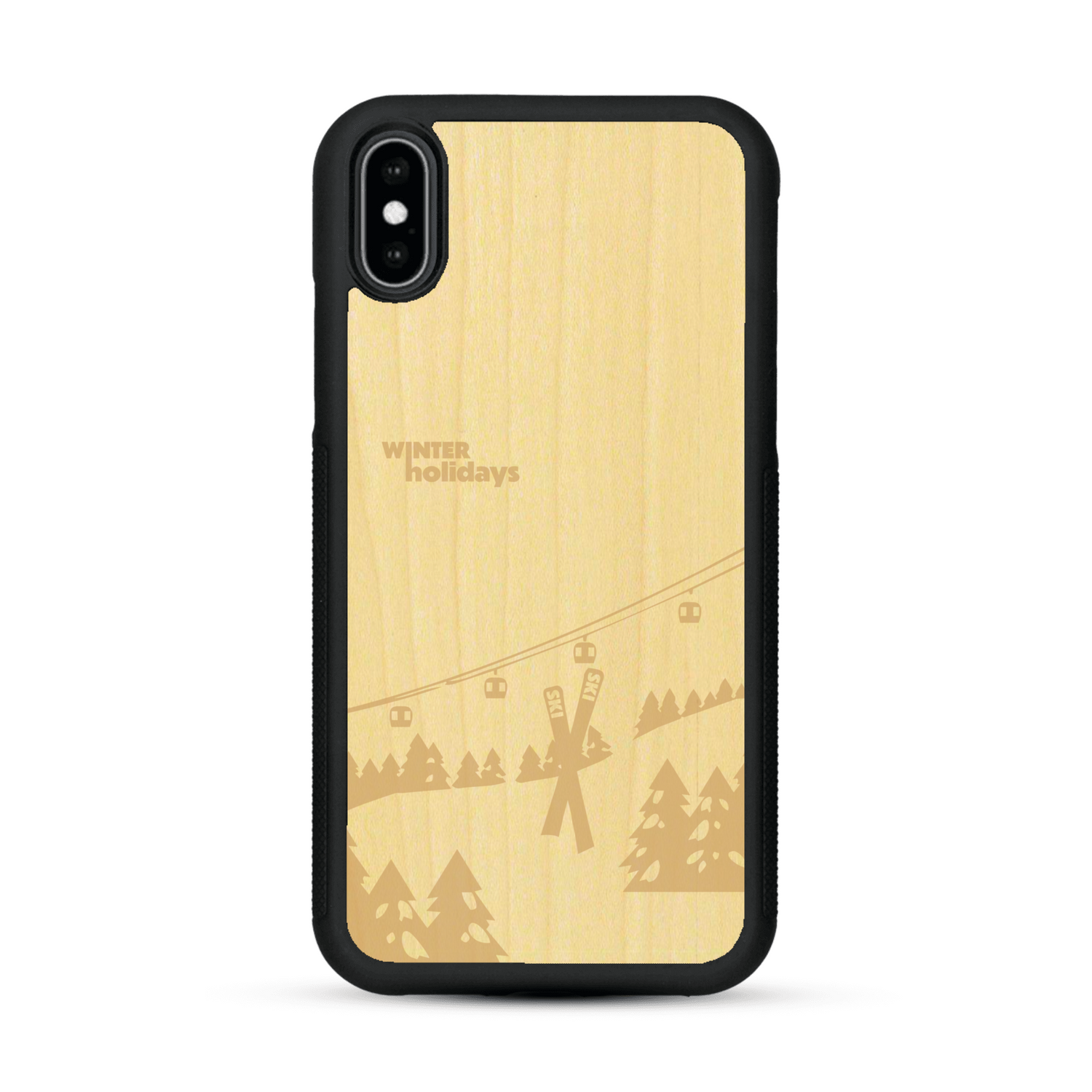 Coque de protection en bois véritable fabriquée en France pour  sur le thème de la montagne, du ski et de la neige avec un motif représentant une paire de ski plantée dans la neige avec en fond des montagnes enneigées