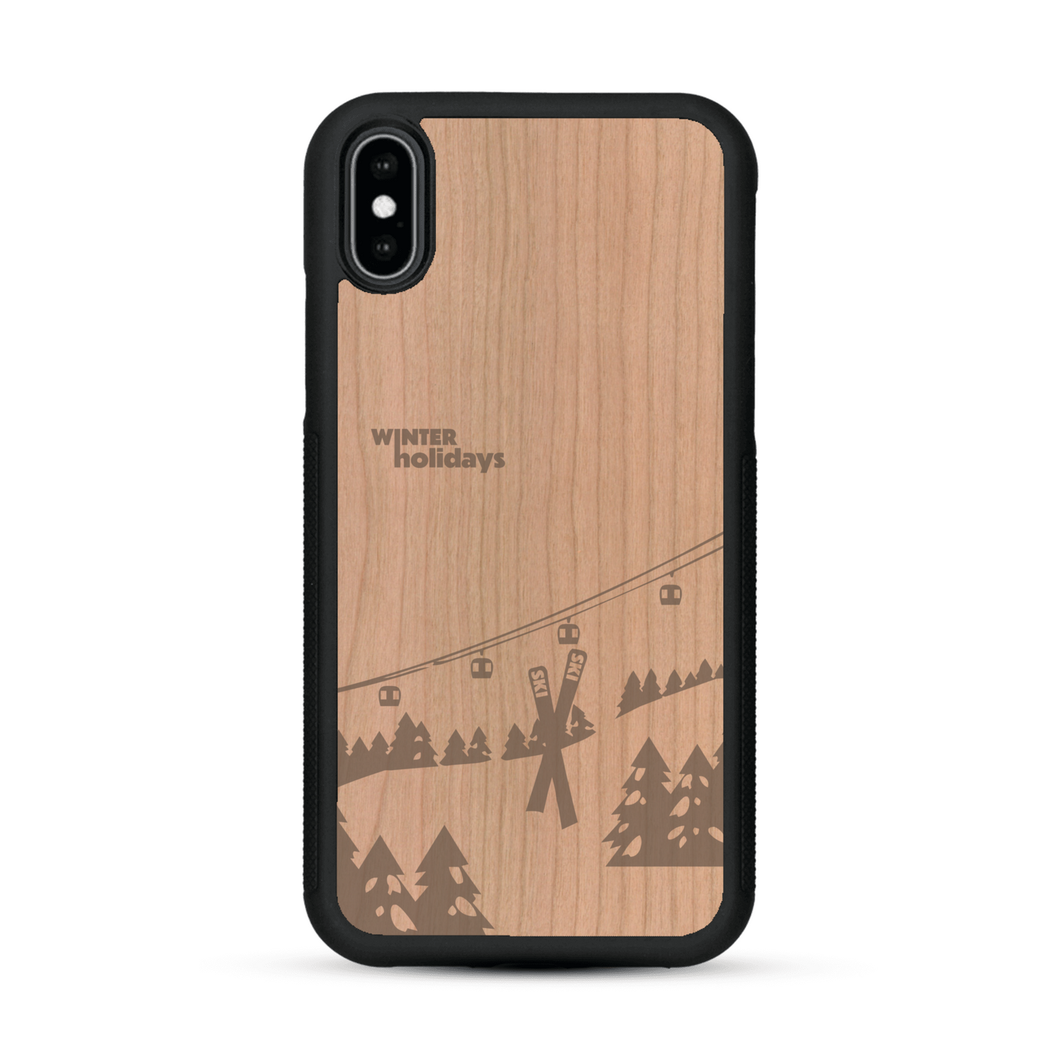 Coque de protection en bois véritable fabriquée en France pour  sur le thème de la montagne, du ski et de la neige avec un motif représentant une paire de ski plantée dans la neige avec en fond des montagnes enneigées