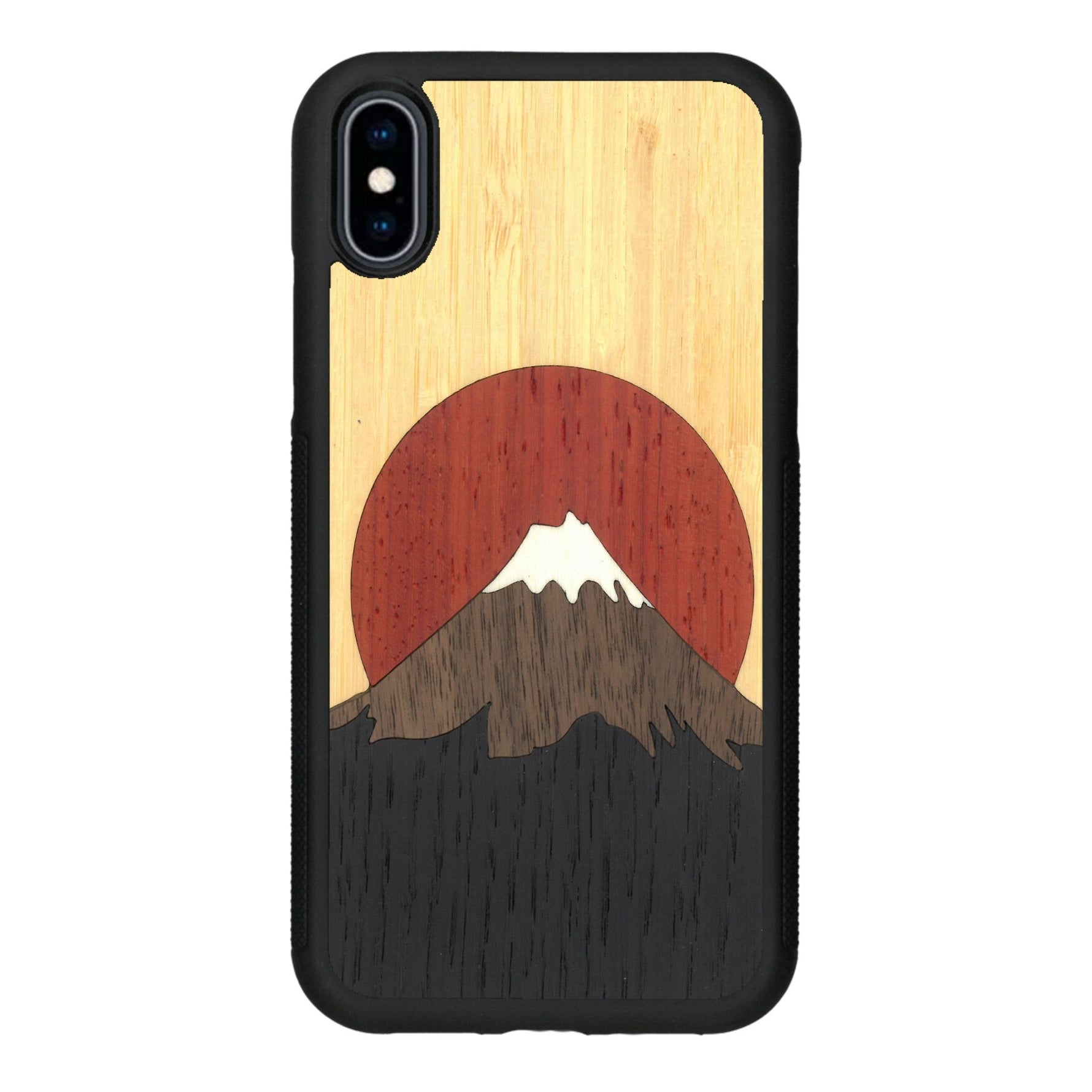 Coque de protection en bois véritable fabriquée en France pour iPhone XS alliant plusieurs essences de bois pour représenter le mont Fuji