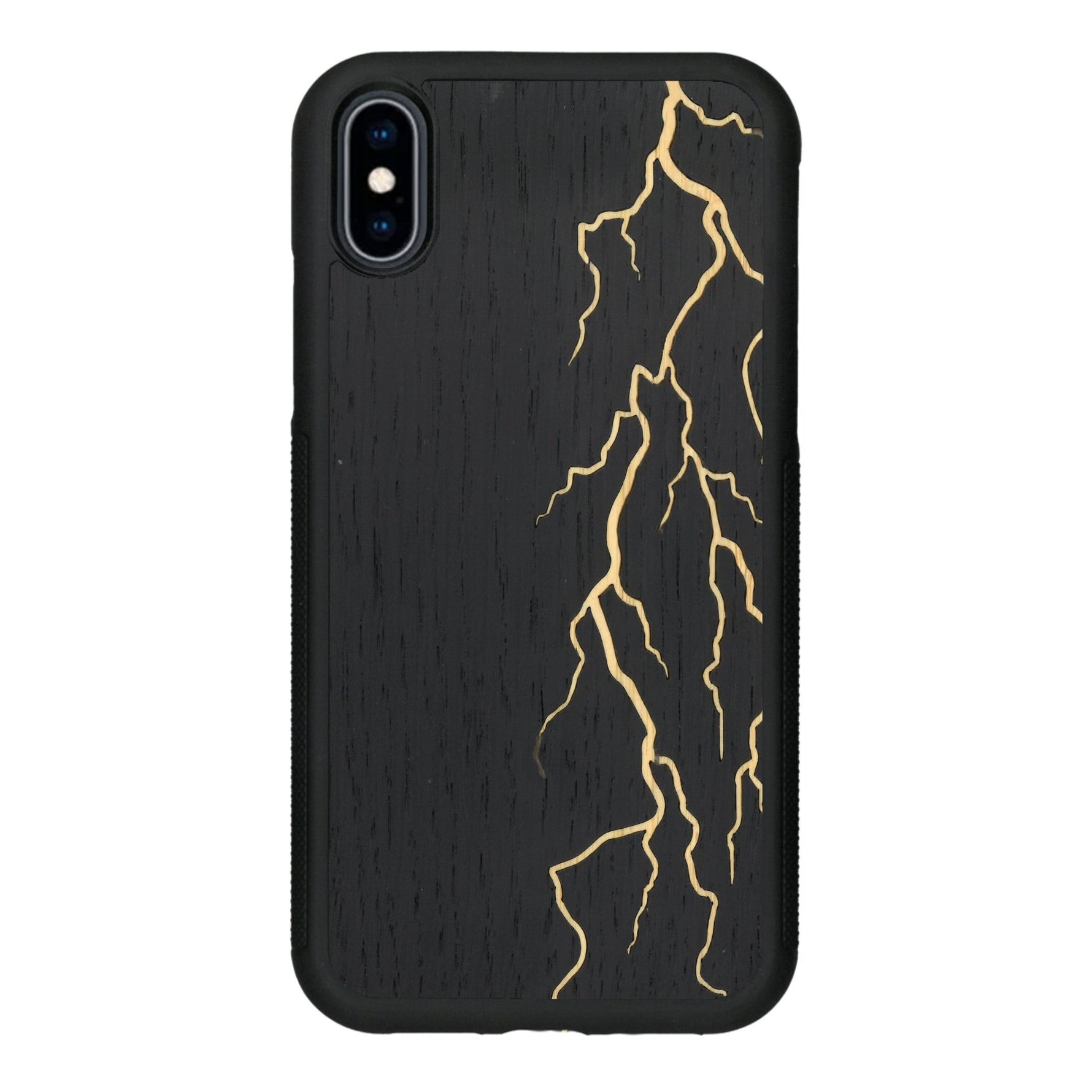 Coque de protection en bois véritable fabriquée en France pour iPhone XS alliant plusieurs essences de bois pour représenter un éclair divin