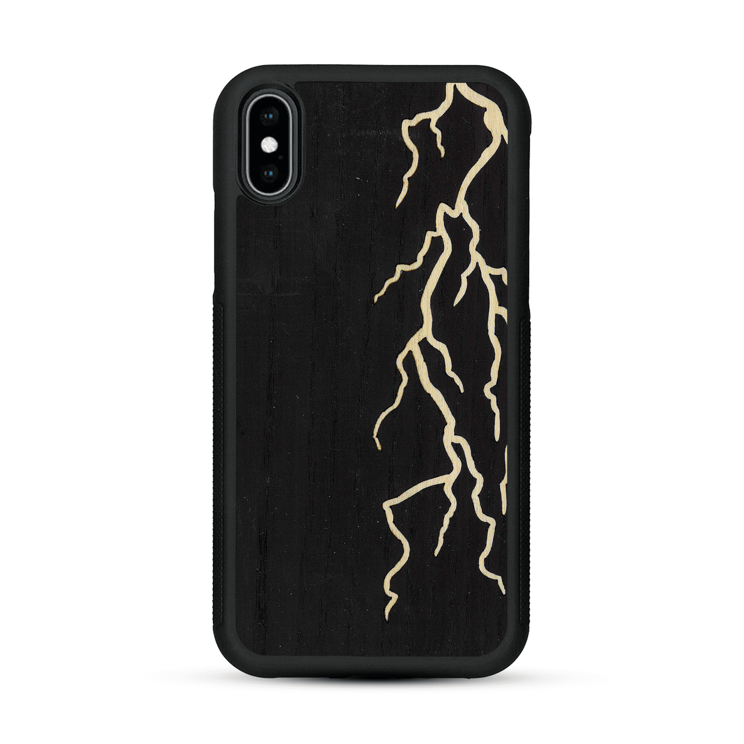 Coque de protection en bois véritable fabriquée en France pour  alliant plusieurs essences de bois pour représenter un éclair divin