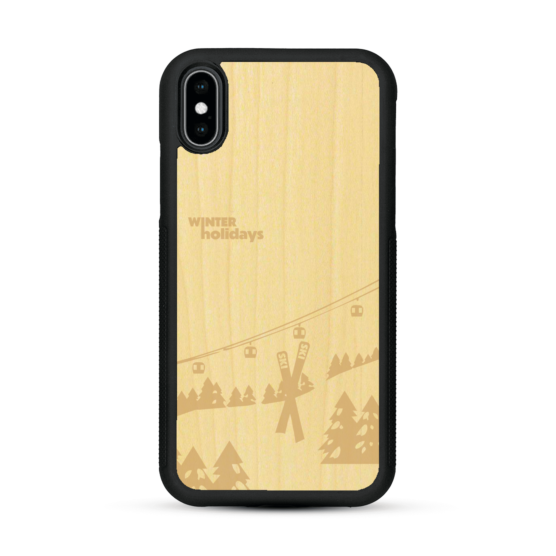 Coque de protection en bois véritable fabriquée en France pour  sur le thème de la montagne, du ski et de la neige avec un motif représentant une paire de ski plantée dans la neige avec en fond des montagnes enneigées