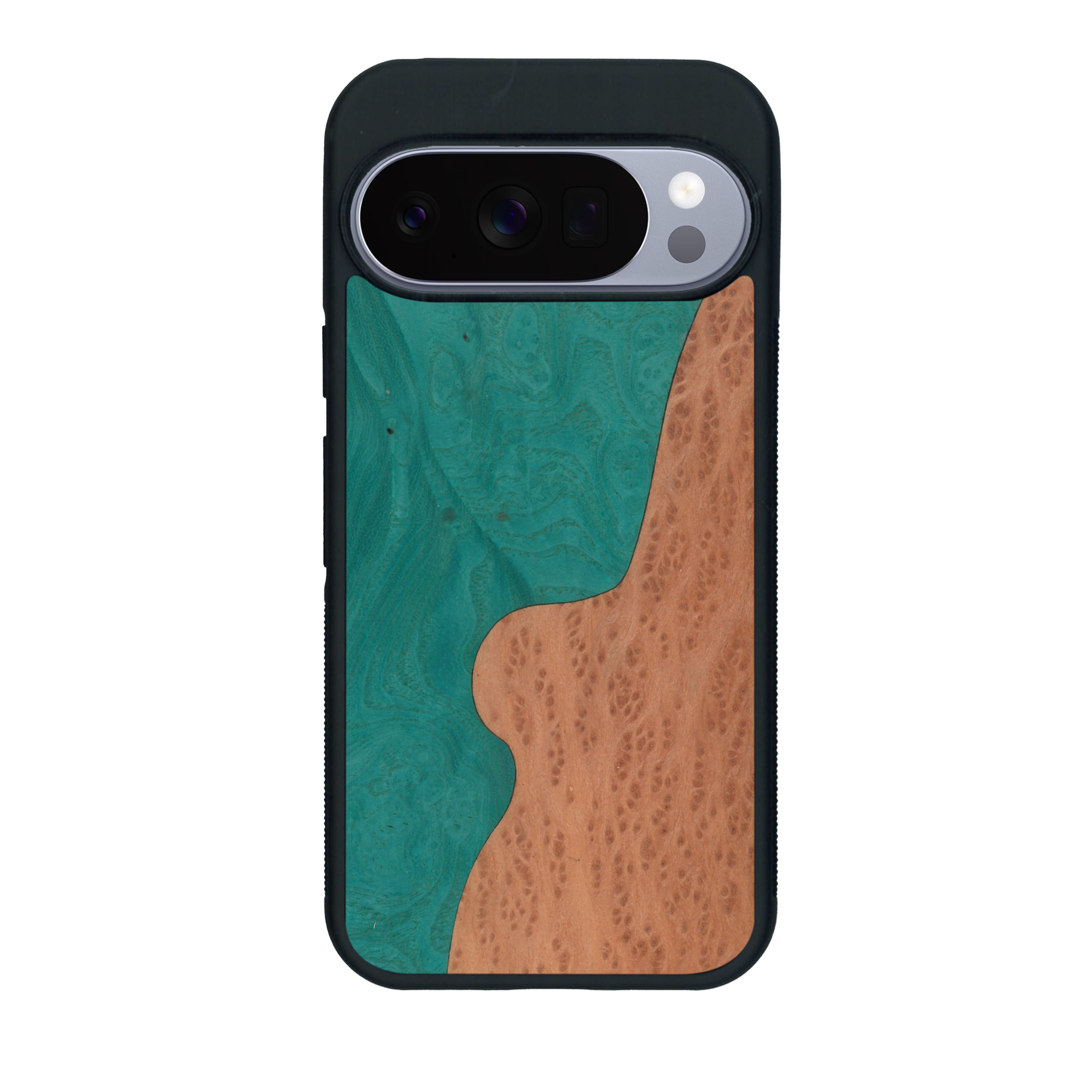 Coque de protection en bois véritable fabriquée en France pour Google Pixel 10 alliant plusieurs essences de bois pour représenter une plage paradisiaque