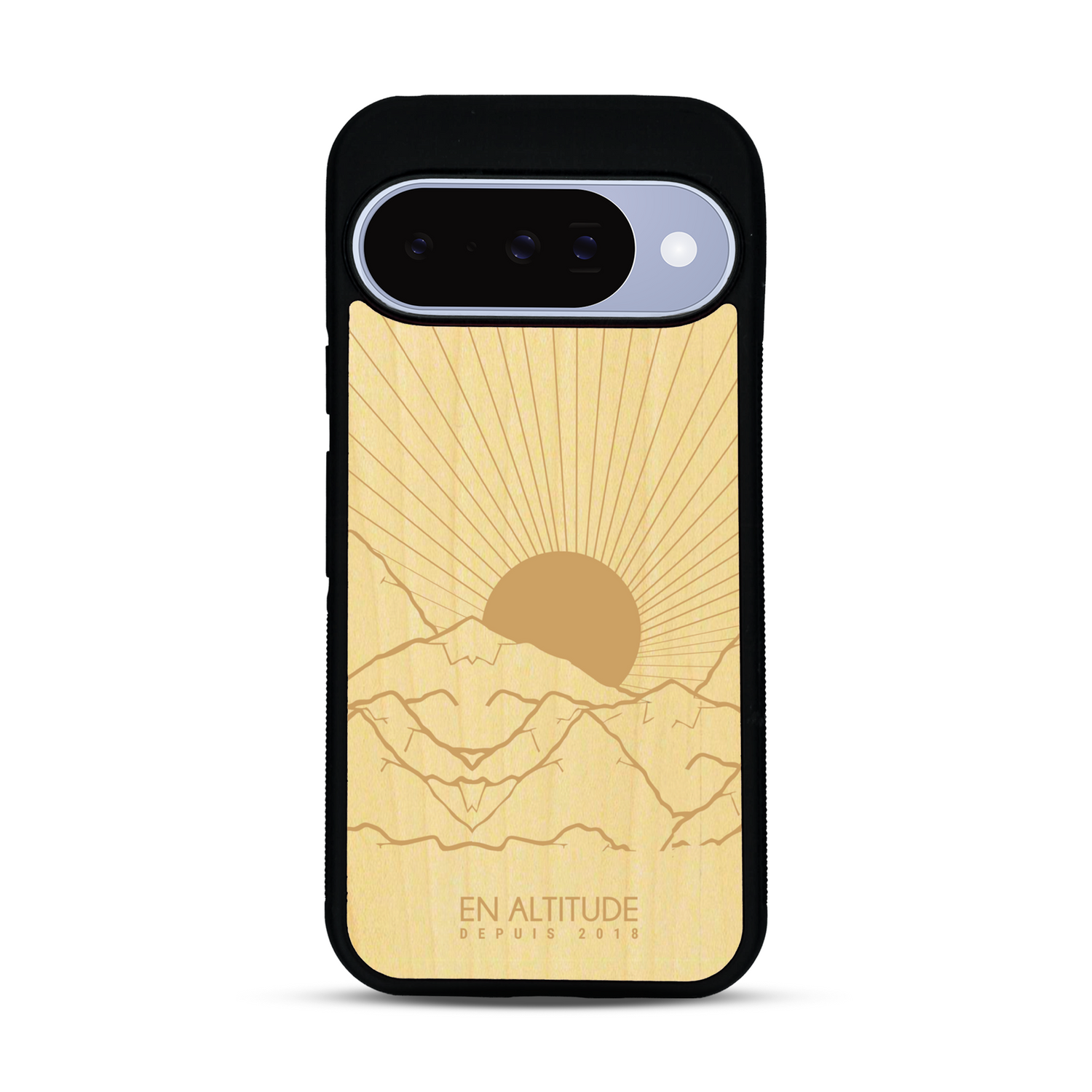 Coque de protection en bois véritable fabriquée en France pour  représentant des montagnes, sur le thème de la randonnée en pleine nature et du trail