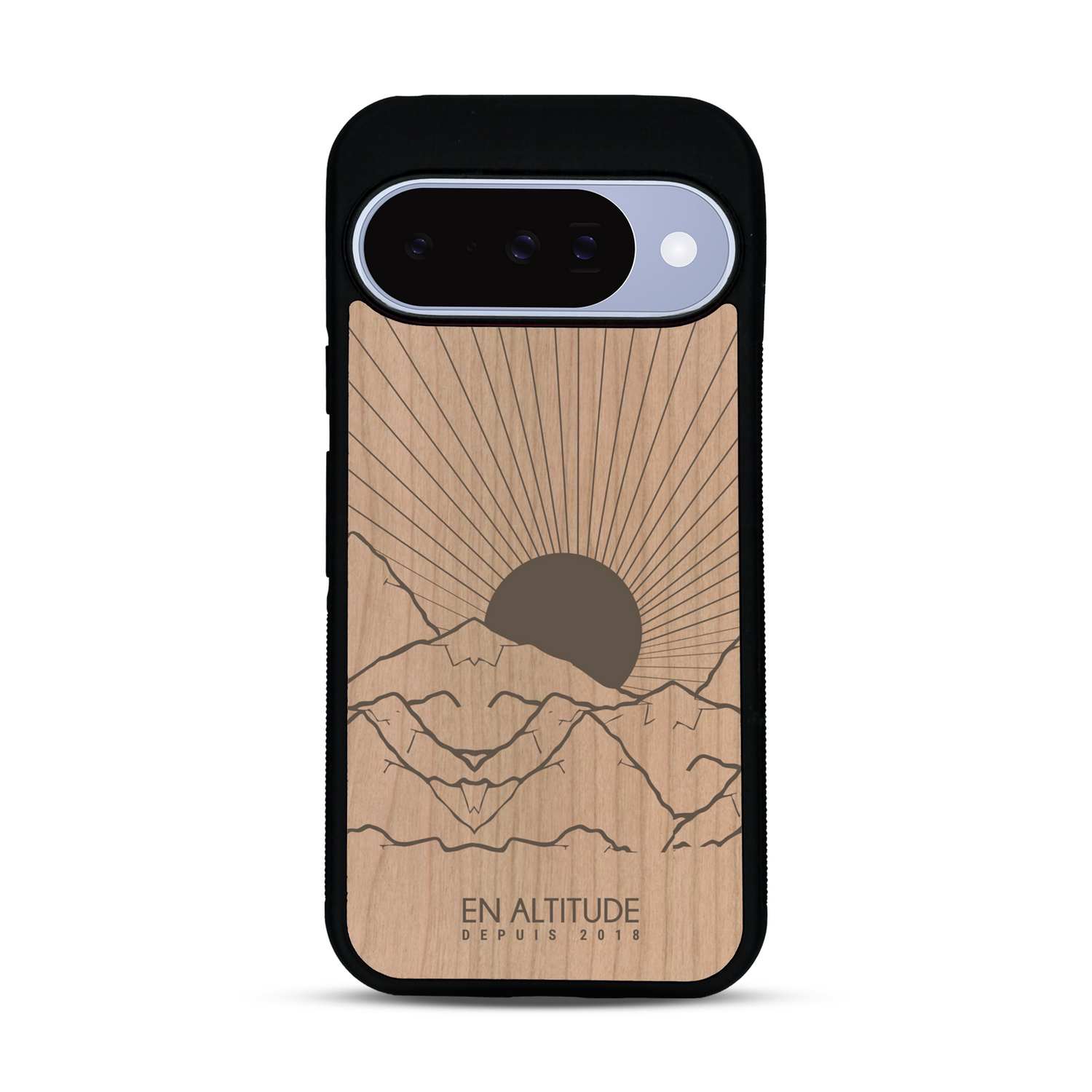Coque de protection en bois véritable fabriquée en France pour  représentant des montagnes, sur le thème de la randonnée en pleine nature et du trail