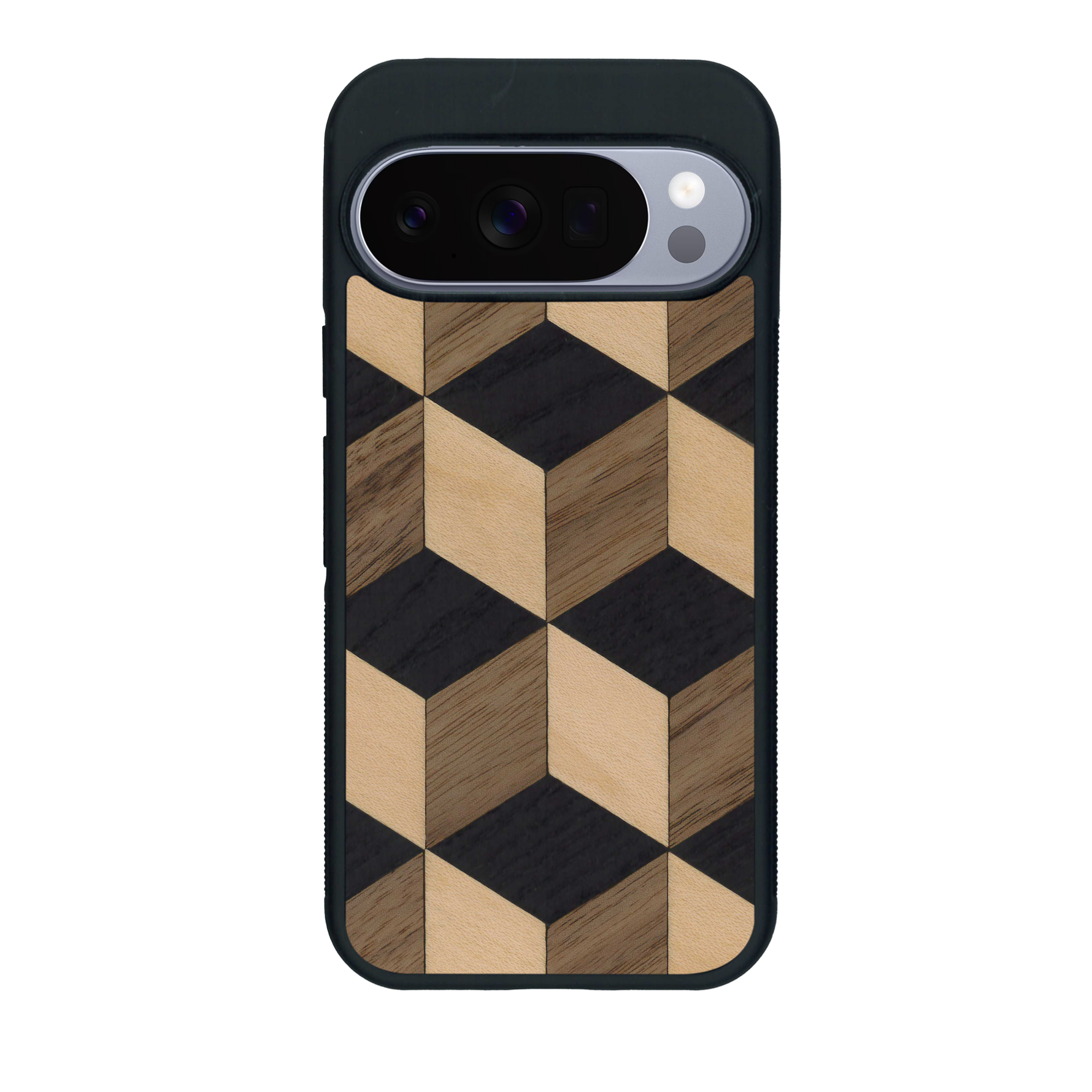 Coque de protection en bois véritable fabriquée en France pour Google Pixel 10 alliant plusieurs essences de bois pour représenter un classique intemporel de la marqueterie
