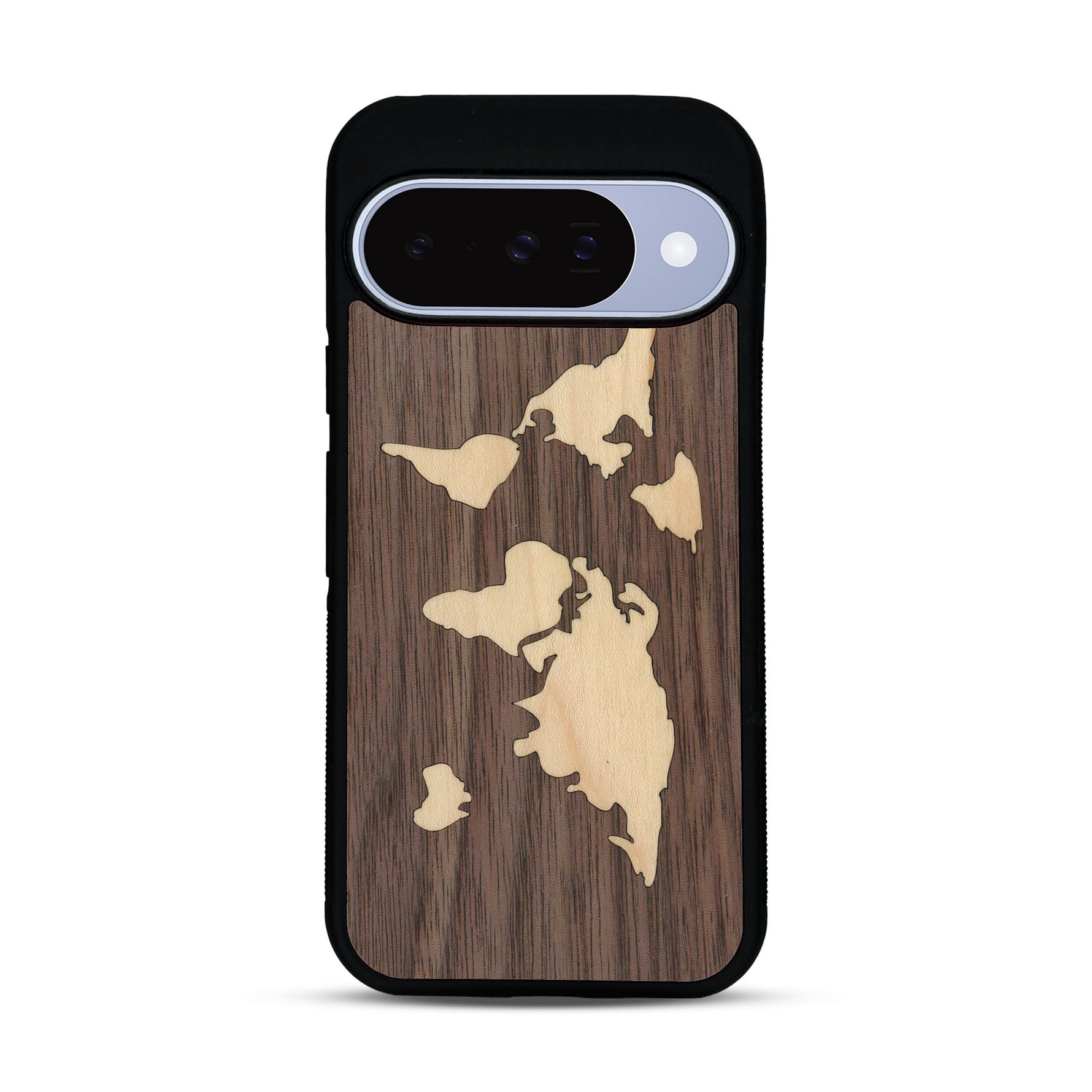 Coque de protection en bois véritable fabriquée en France pour  alliant du bambou et du noyer sur le thème du voyage et de l'aventure représentant une mappemonde
