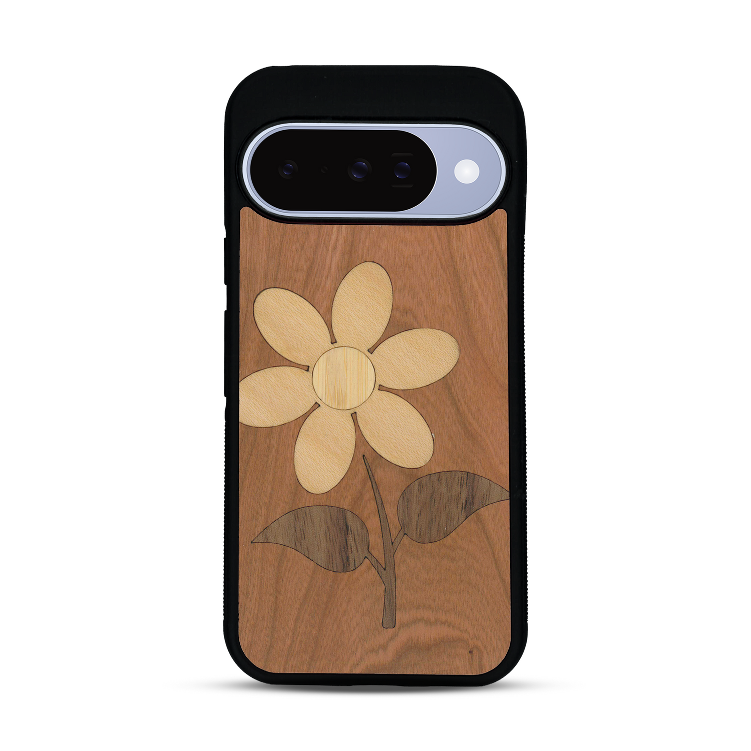 Coque de protection en bois véritable fabriquée en France pour  alliant plusieurs essences de bois pour représenter une marguerite